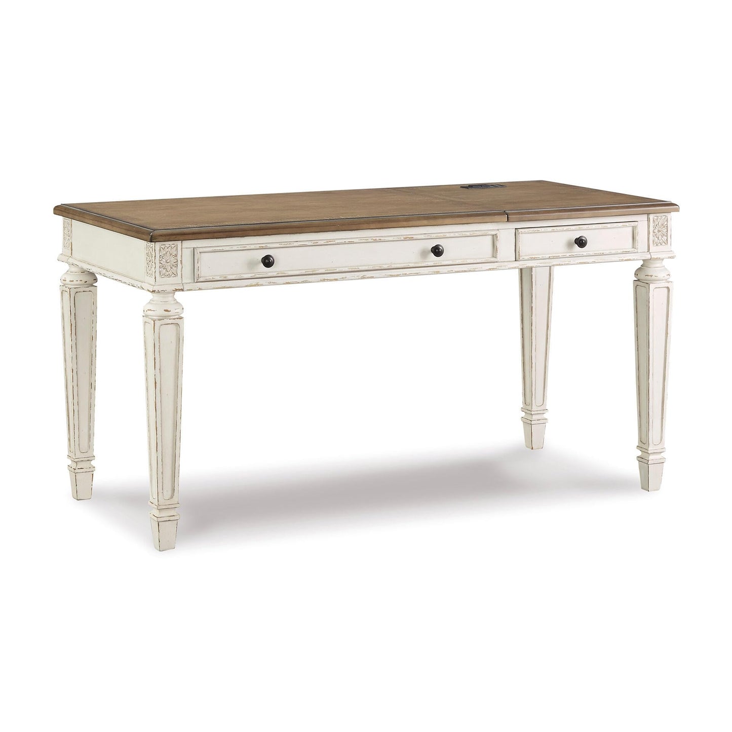 Signature Design by Ashley Realyn Home Office Lift Top Desk, USB Charging, Spring Lift Top, Smooth-gliding Drawer, 60" W x 28" D x 31" H, Chipped White and Brown
