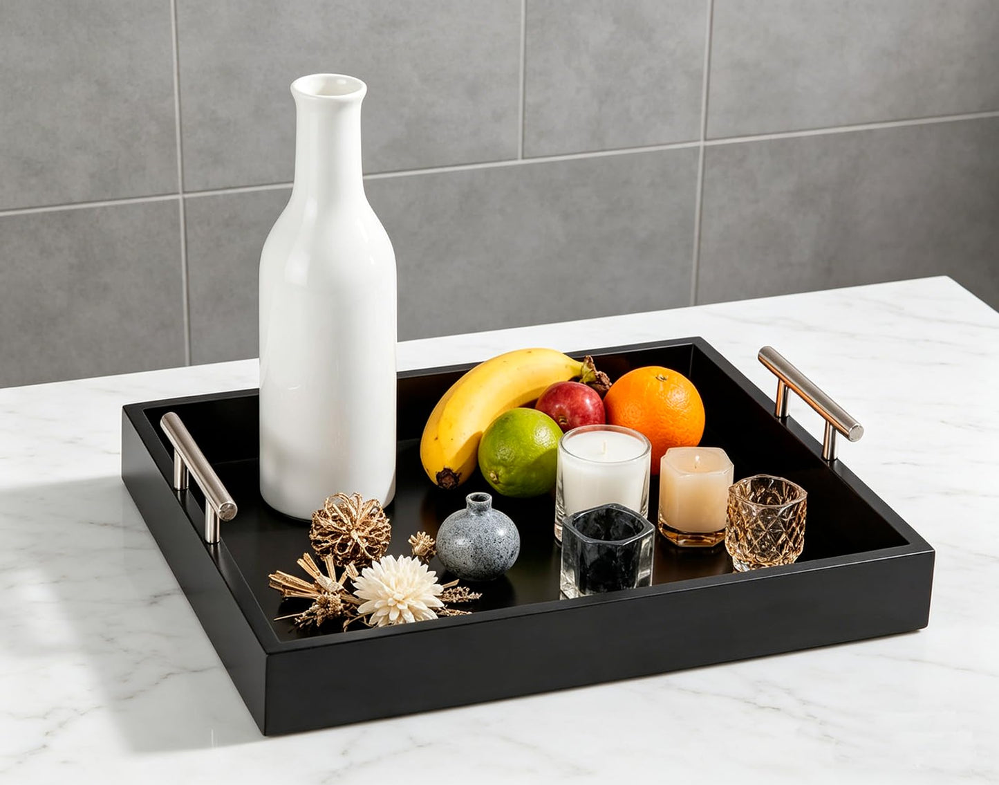 Juleduo Serving Tray 16.5“X 13“Deluxe Wooden Ottoman Tray for Coffee Table with Polished Silver Metal Handles and 4 Coasters, Living Room Bathroom Coffee Bar Organizer Modern Decorative Black