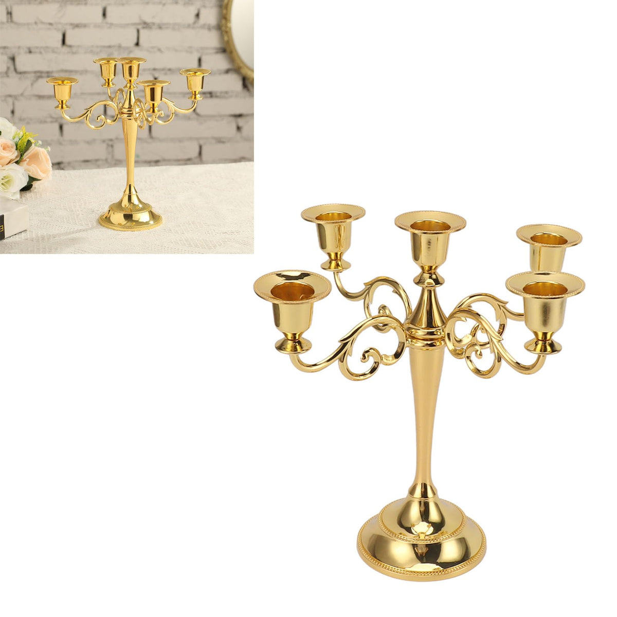 YUEYASHUX 5 Arm Candlestick Holder Retro Decorative Iron Candle Holder Centerpiece for Home Church (Gold)