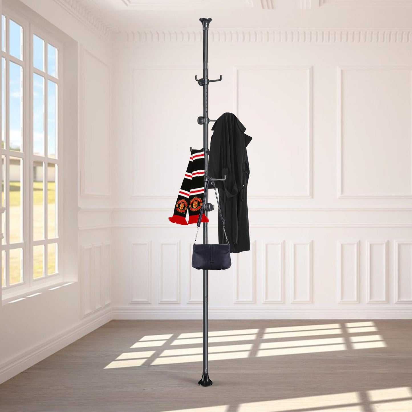 TAILERNRUYE Coat Rack Freestanding,Adjustable 56-125 inch Tension Rod Coat Tree 12 Hooks Hanger Stand for Coat Hat Bedroom Livingroom Kitchen Bathroom Apartment Entryway Hall Office Black