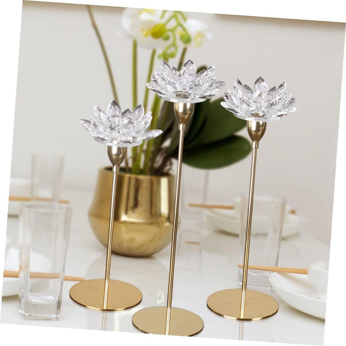 YARNOW Simple Decorative Crystal Lotus Candlestick Holder Small Metal Wedding Candle Stand for Candlelight Dinner Home Décor