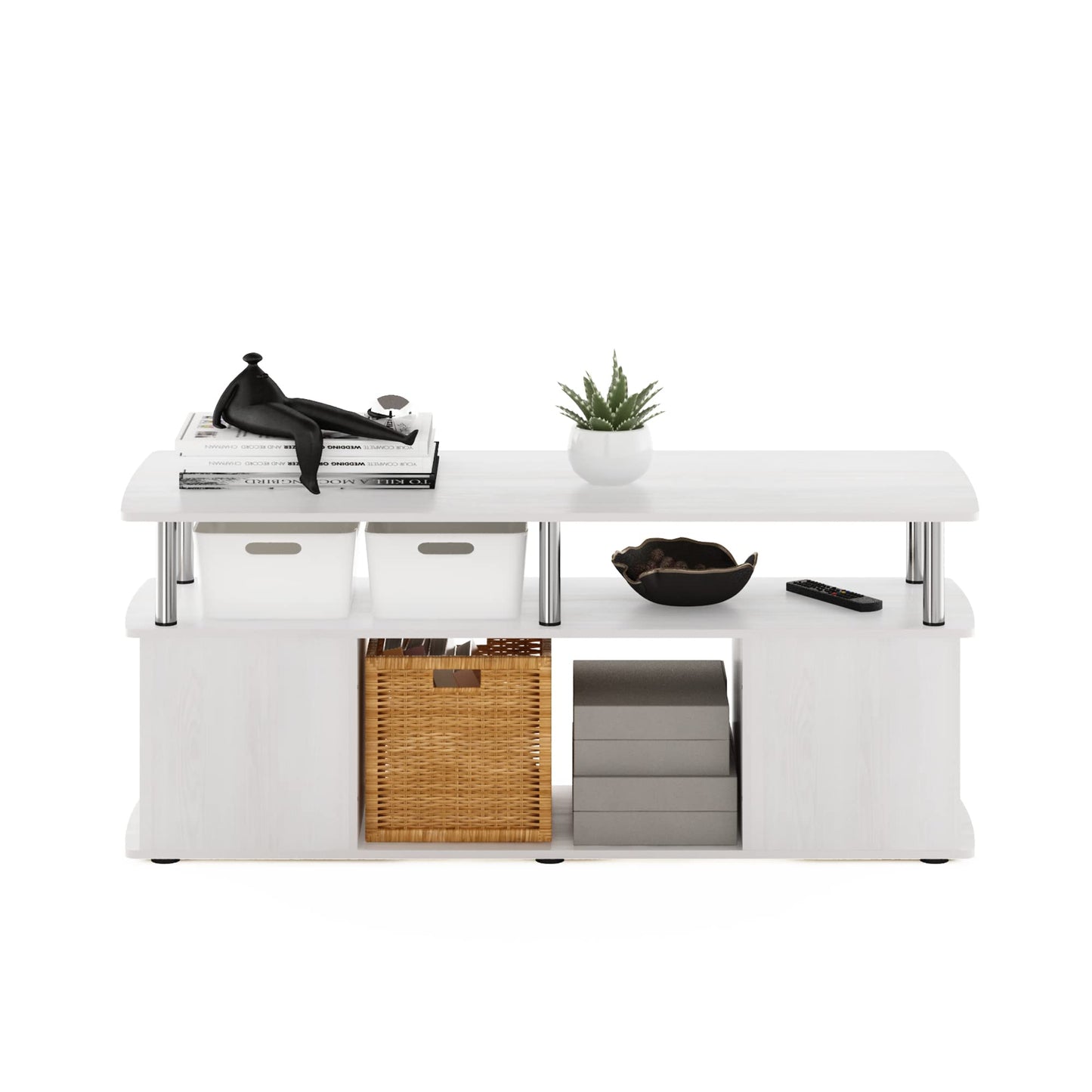 Furinno JAYA TV Stand, 3-Tier Entertainment Center with Open Shelf, TV Console for TV up to 50 Inch with Side Open Storage Compartments, for Living Room, Bedroom, White Oak/Stainless Steel Tubes