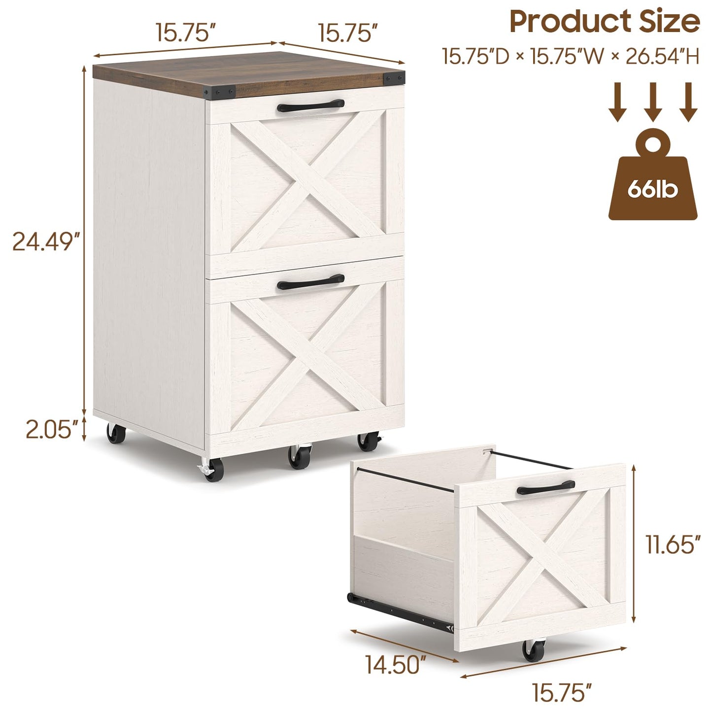 Halitaa 2 Drawer Small File Cabinet with Wheels, Farmhouse Vertical Filing Cabinet Fits A4/Letter Size, Under Desk Rolling File Cabinets for Home Office, Wooden Printer Stand, Rustic White