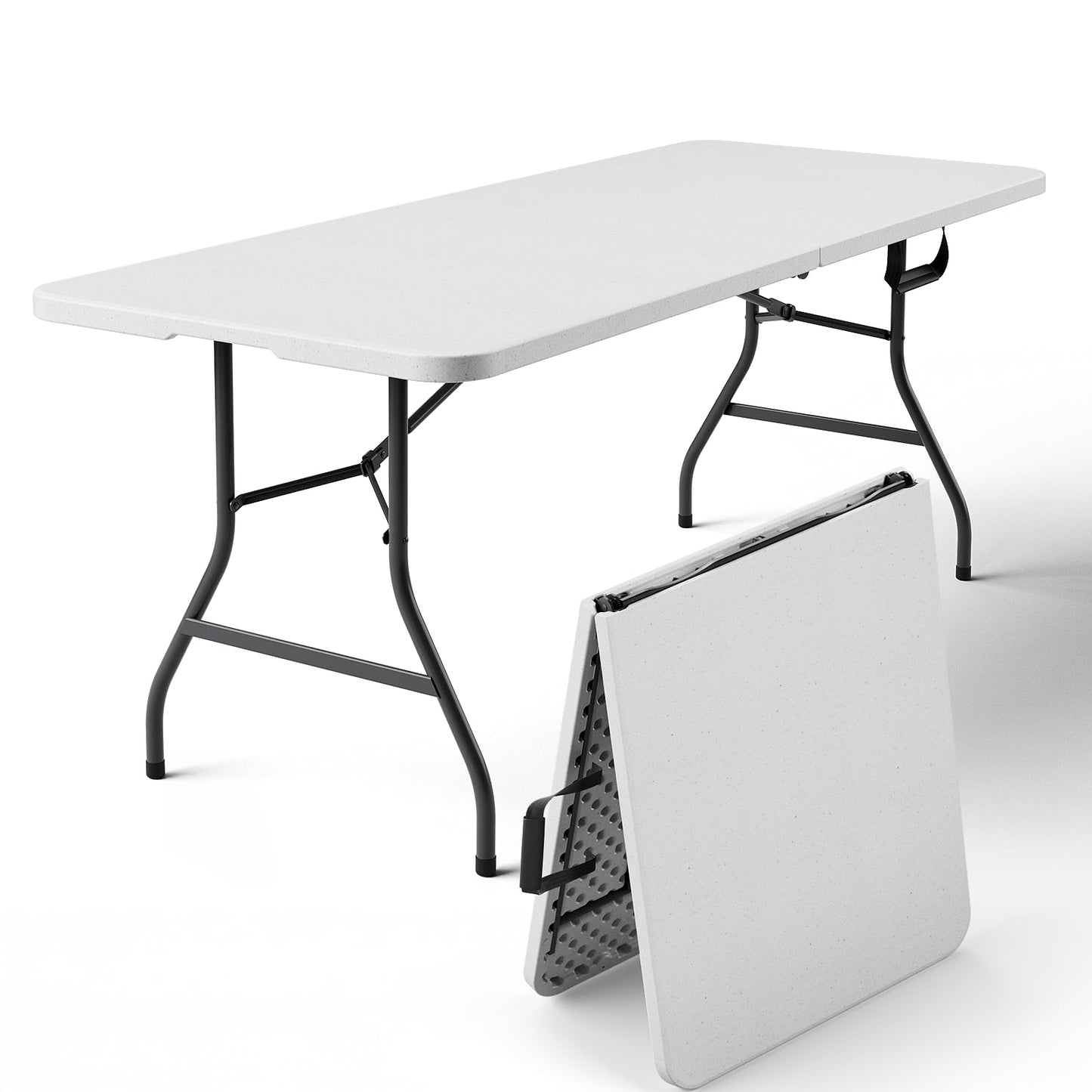 FurniEdge 6FT Folding Table, Heavy Duty Plastic Table with Handel, 300 lbs Portable Table, Reinforced Steel Legs, Fold-in-Half Table Ideal for Parties, Picnics, Weddings, Camping White