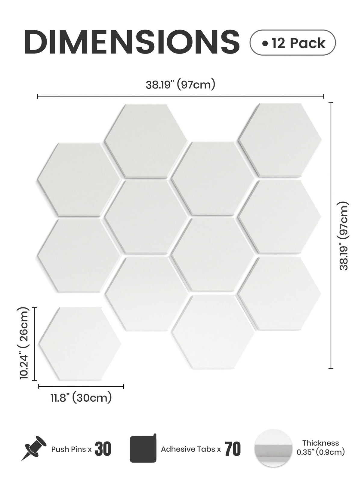 Fluxynara Hexagon Cork Board Alternative for Walls Decor-12-Pack Felt Bulletin Board Tiles,with 30 Pushpins,70 Adhesive Tabs for Office,Classrooms & Home Pin Board Felt Board-Milky White