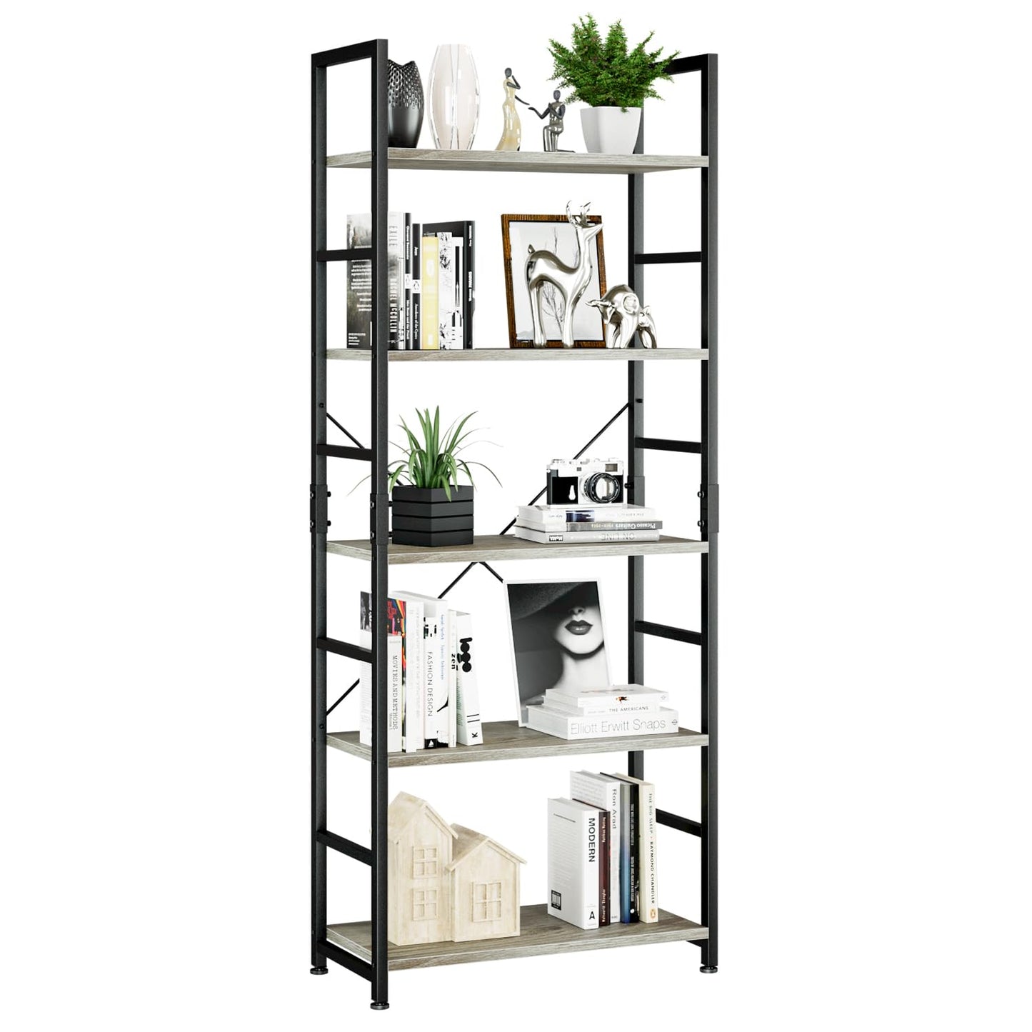 NUMENN 5 Tier Bookshelf, Tall Bookcase Shelf Storage Organizer, Modern Book Shelf for Bedroom, Living Room and Home Office, Grey