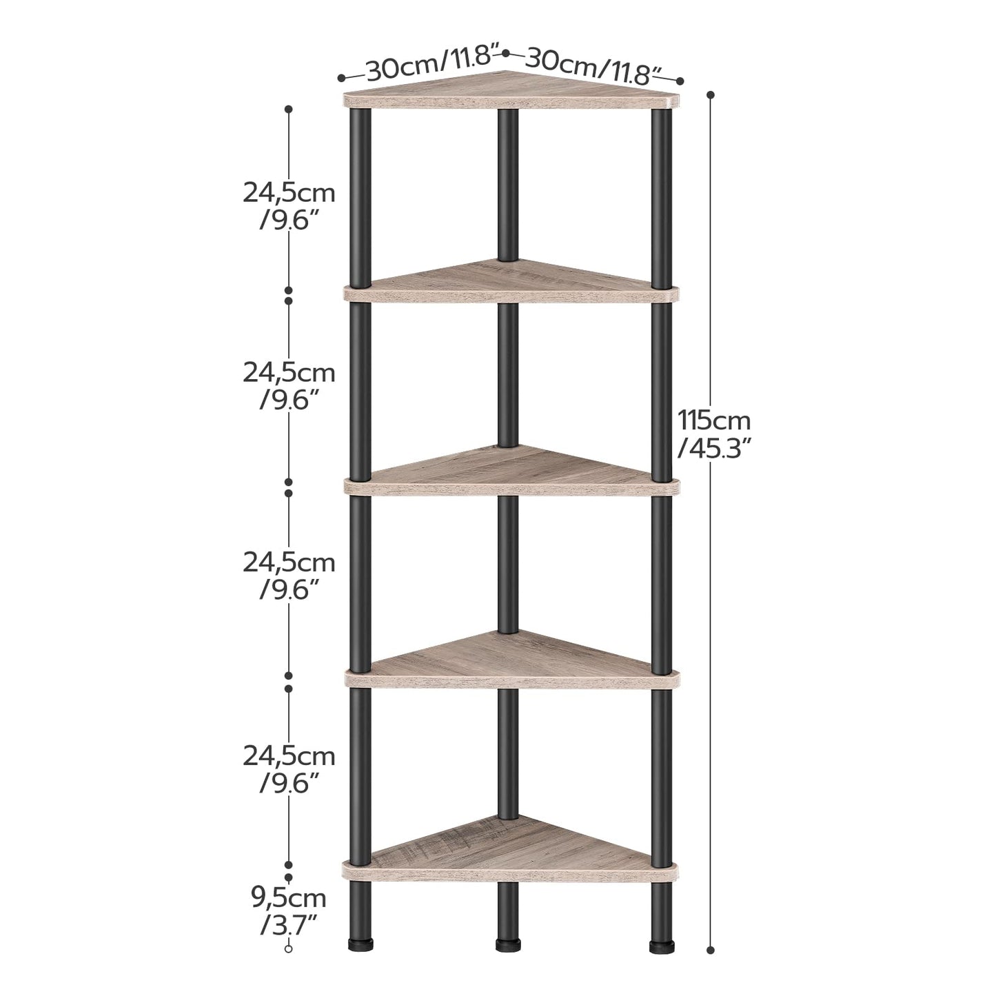 HOOBRO Corner Shelf Stand, Industrial 5-Tier Corner Bookshelf with Metal Frame, Corner Shelf Stand Display Plant Flower, Corner Bookcase for Small Spaces, Living Room, Greige and Black BG33CJ01