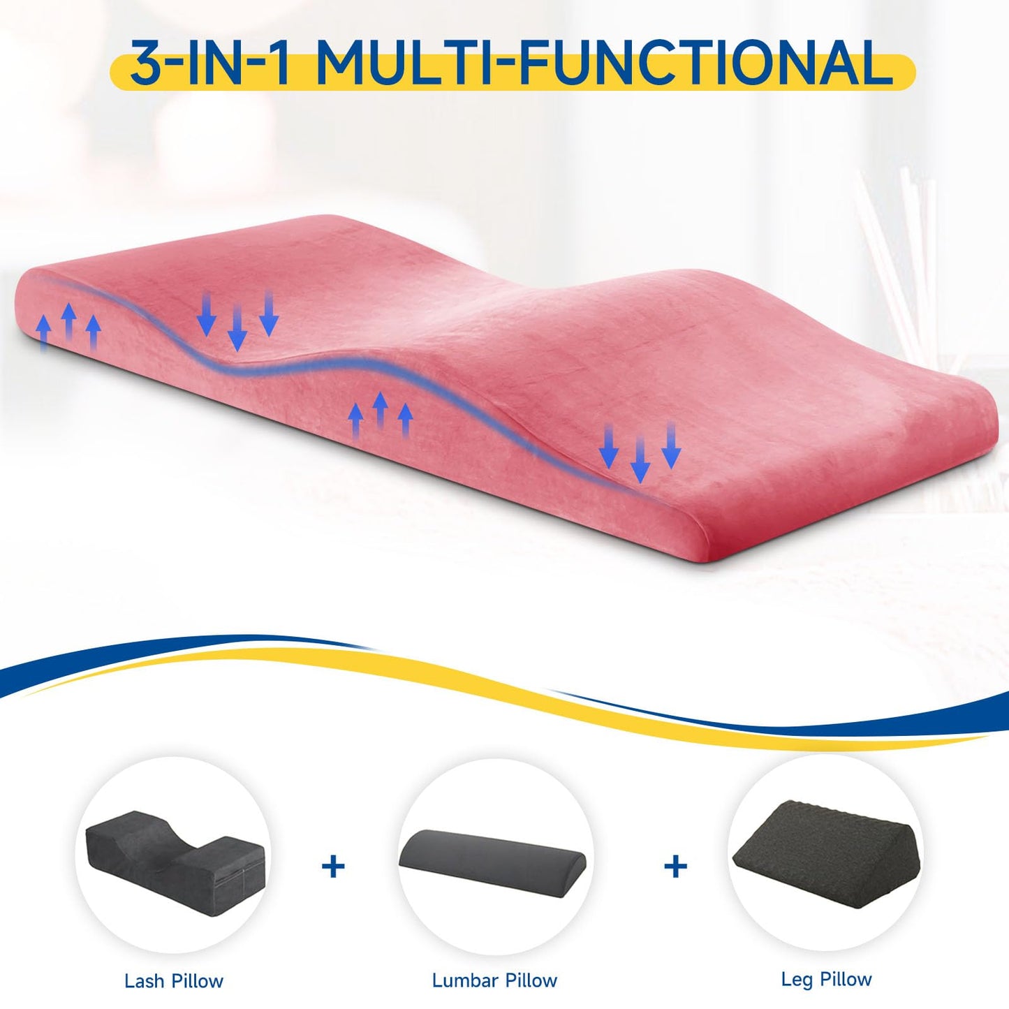 FondleFeeling Ergonomic Curved Lash Bed Topper High Density Memory Foam Massage Table Pad with Soft Plush Velvet Cover, Non Slip Lash Bed Foam Topper for Beauty Salon/Spa/Massage (Pink, 70"×24")
