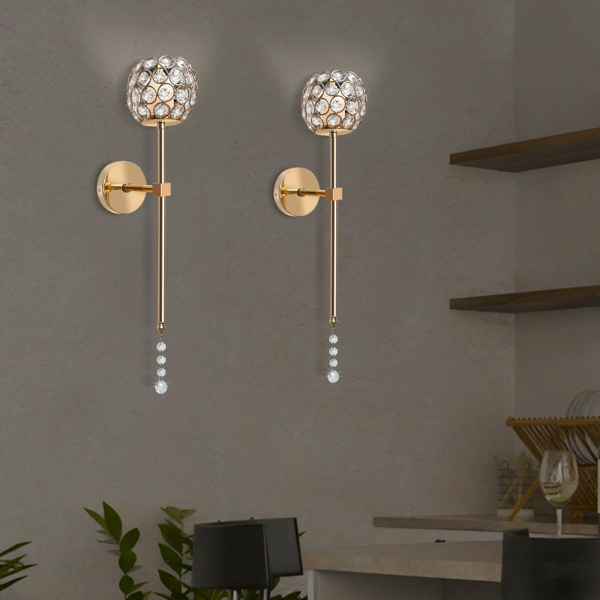 Crystal Candle Sconces for Wall Decorative Long Candle Holder Sconce Wall Art Home Decor for Bedroom Living Dining Room, Set of 2-Gold