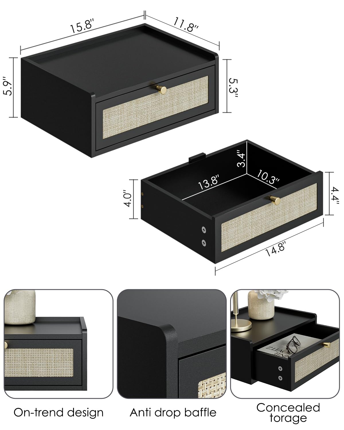 AEPOALUA Floating Nightstand,Wall Mounted Night Stand with Drawer,Small Floating Shelves,Floating Wood Bedside Table for Bedroom、Living Room、Bathroom (Bohemian, Black.)