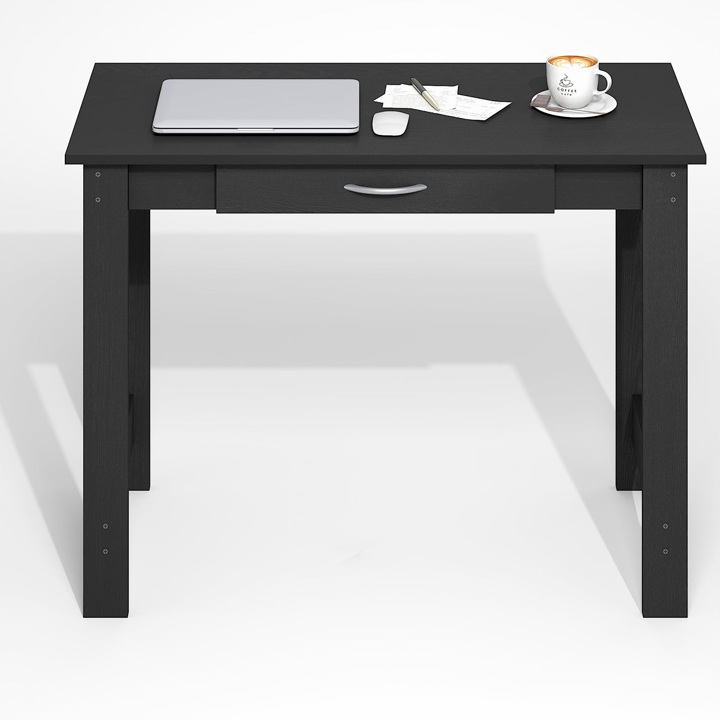 Furinno Jaya Desk, 39.2" Wide Computer Desk with H-Legs, Office Desk with Drawer, Writing Desk, with Drawer, for Home Office, Study Room, Dorm, Darkwood