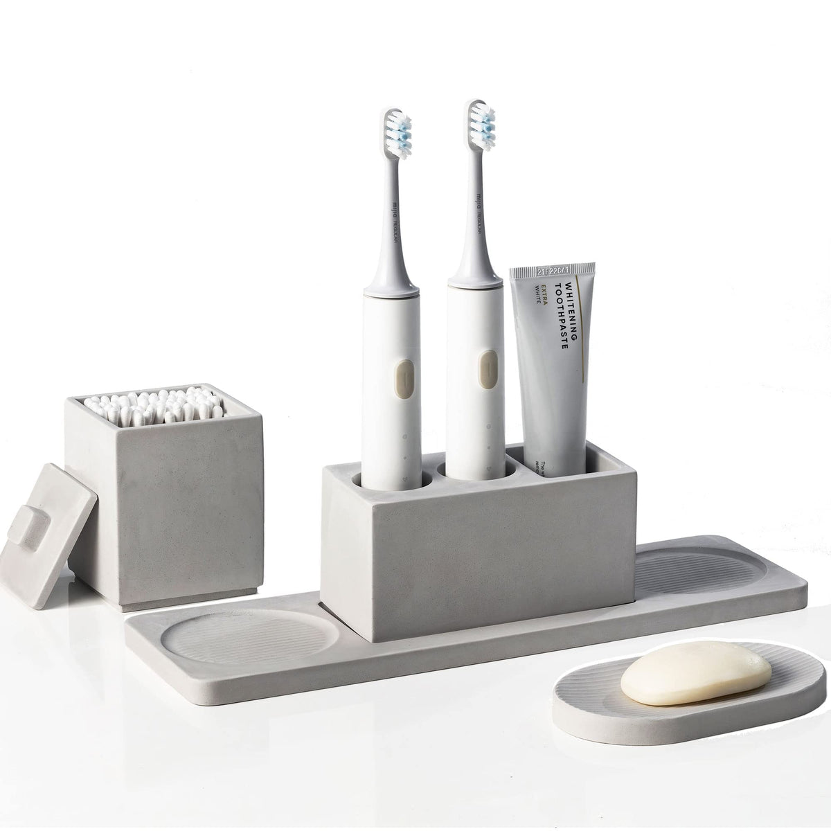 Bathroom Accessory Set Grey, Diatomite, Bathroom Accessories Countertop Complete with Electric Toothbrush Holders, Soap Dish Set
