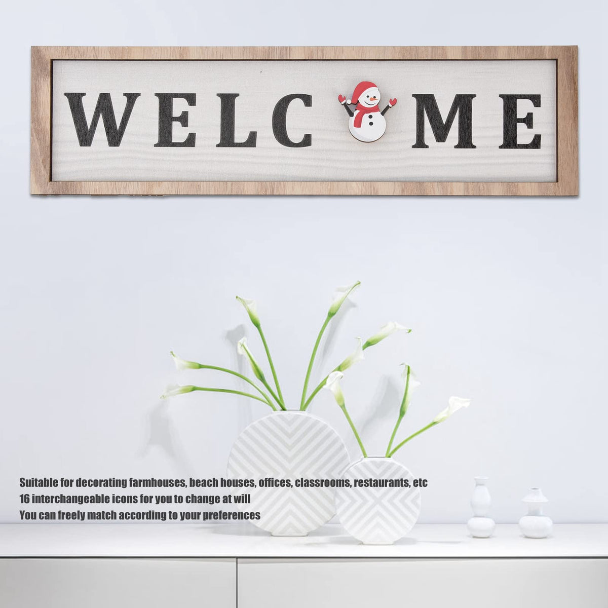 Holiday Interchangeable Welcome Sign for Front Door Christmas Wood Porch Sign with 16 Pcs Seasonal Icons Home Farmhouse Xmas Welcome Outdoor Festival Seasonal Decoration