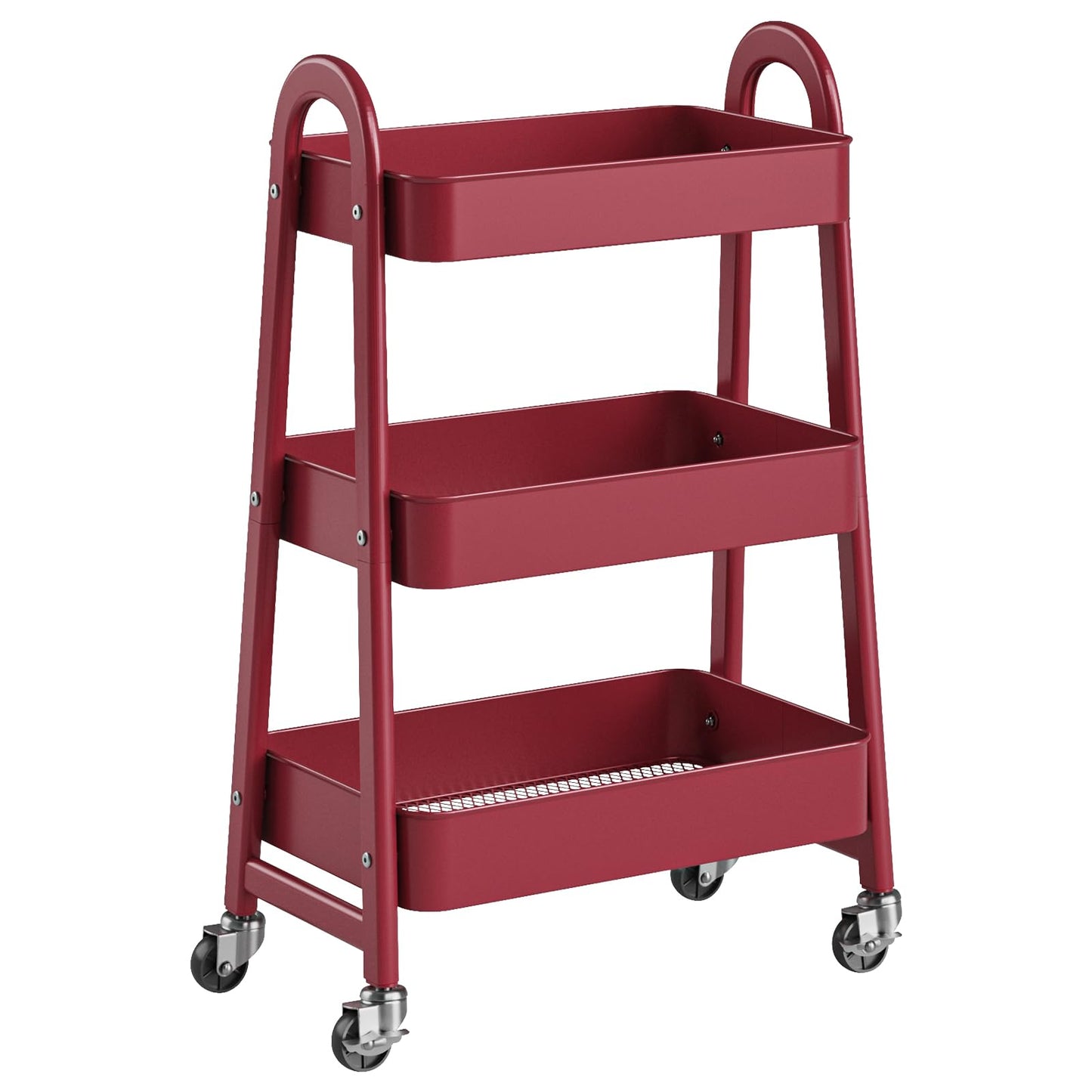 NEWBULIG 3-Tier Metal Rolling Cart with Lockable Wheels, Heavy Duty Mobile Utility Storage Shelf, Roller Book Snack Cart, Organization for Livingroom, Bathroom, Office, Red