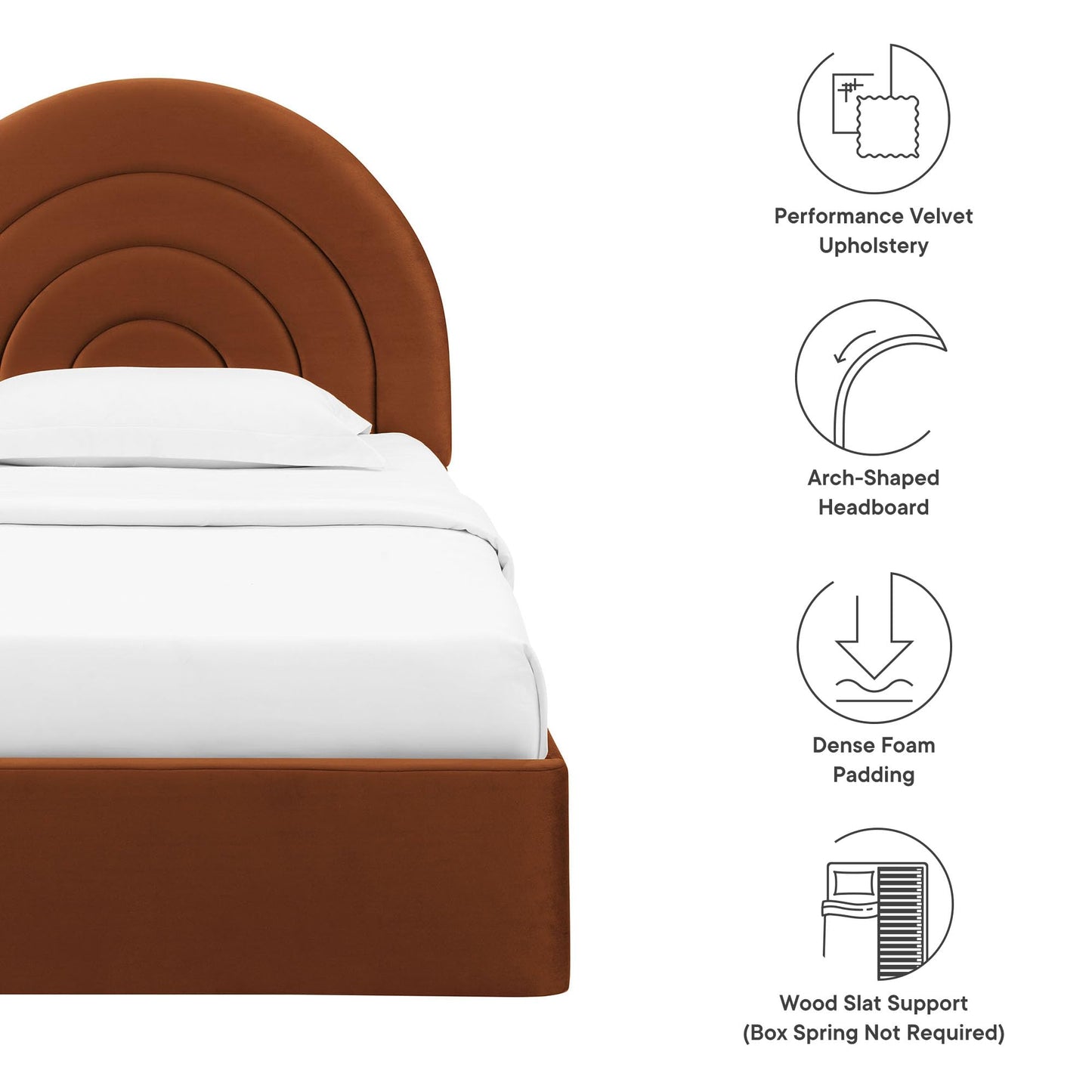 Modway Solana Twin Size Performance Velvet Platform Bed in Rust – Upholstered Bed Frame with Soft Arch Shaped Padded Headboard – Plinth Base Platform Bed Frame