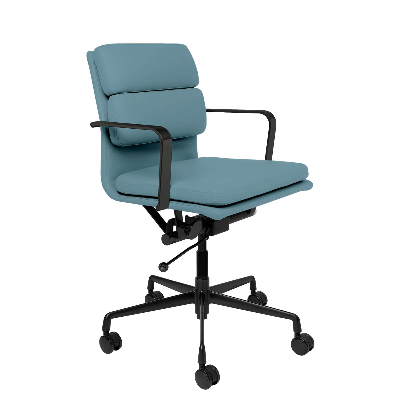 Laura Davidson Furniture SOHO II Padded Management Office Chair - Mid Back Desk Chair with Arm Rest, Swivel & Cushion Availability, Made of Faux Leather, Coastal Blue with Black Frame, Computer Chair