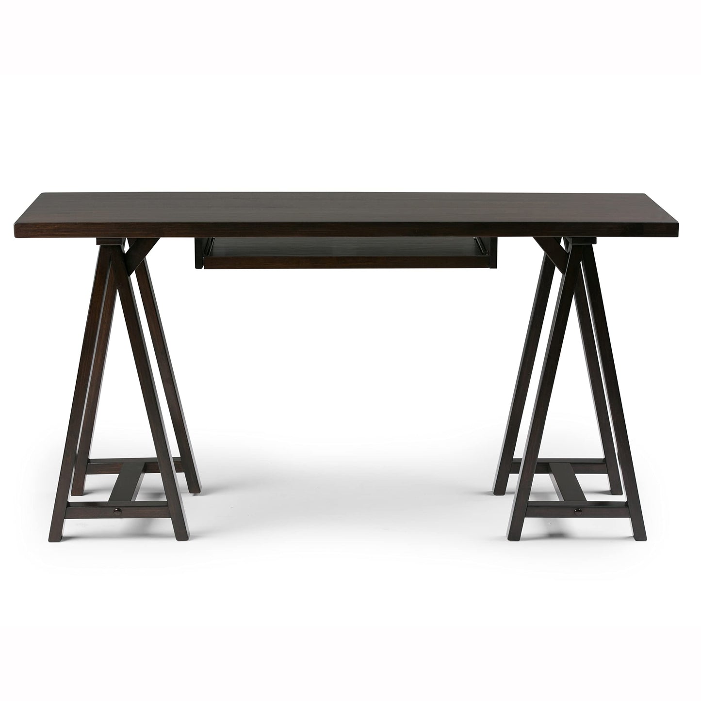 SIMPLIHOME Sawhorse Desk - 60 Inch Wide Solid Wood Writing Desk in Dark Chestnut Brown, Modern Industrial Home Office Computer Table for Workspace with Sawhorse Base and Integrated Keyboard Tray