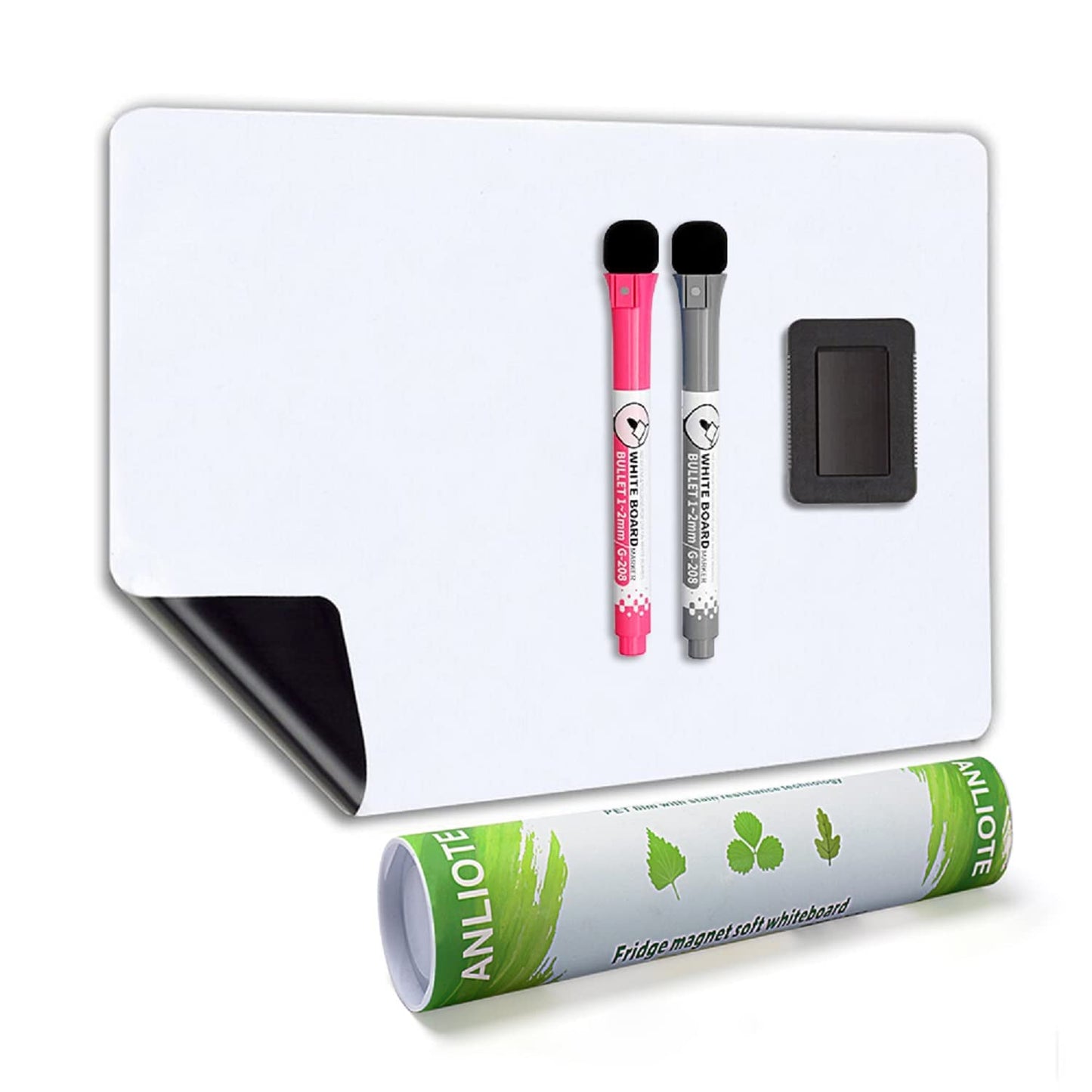 ANLIOTE Magnetic Dry Erase Board Fridge Whiteboard Sheet 17"x11", Easy to Write and Clean, Flexible Refrigerator White Board for Home Kitchen Memo Shopping List, 2 Marker Pens and Eraser with Magnets