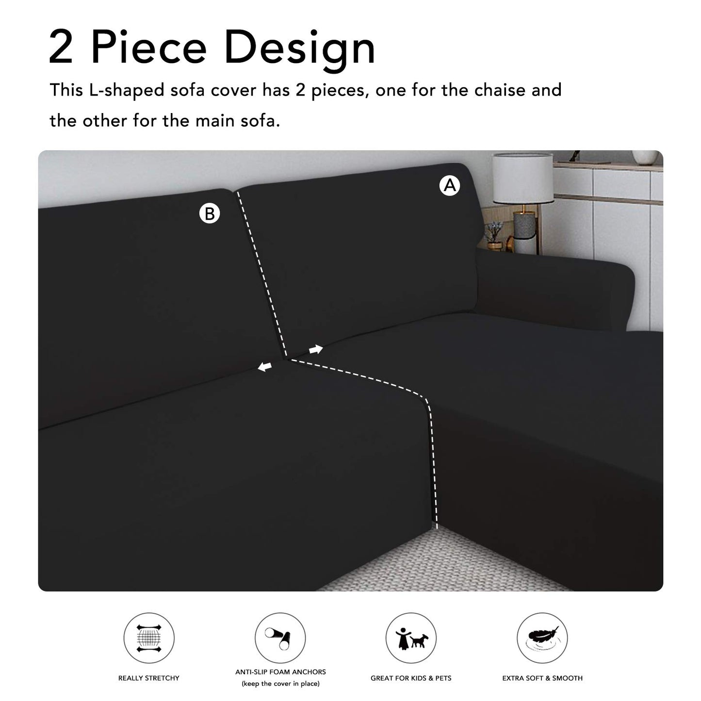 PureFit Super Stretch Sectional Couch Covers - 2 pcs Non Slip Sofa Covers with Elastic Bottom for L Shape Sectional Sofa Couch, Great for Kids & Pets (3 Seat Sofa + 3 Seat Chaise, Black)
