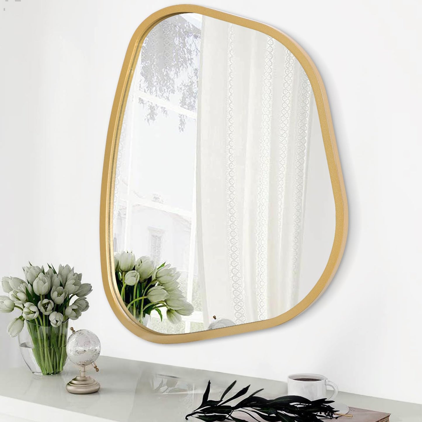 HLFMVWE Asymmetrical Accent Mirror for Wall Irregular Oval Wood Frame Modern Unique Wall Mirror Decorative Vanity Bathroom Living Room Bedroom Entryway Hallway Artistic Mirror Small Gold 14"x10"