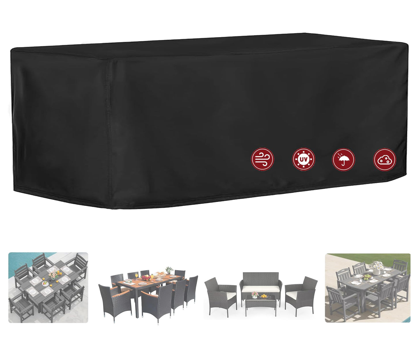 Patio Dining Table Sets Cover, Outdoor Dining Furniture Set Cover for Table with 6-8 Chairs, Patio Furniture Set Cover for 4-Piece Conversation Set, Waterproof and Windproof, 78" L× 62" W× 30" H