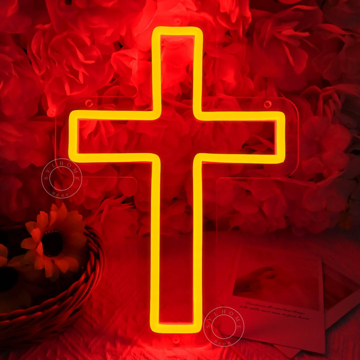 SYLHOME Cross Led Neon Light Sign Kids Bedroom Nursery Wall Sign Decor Christening Baby Shower Wedding Birthday Christmas Party Backdrop 11.8" X 8.66" USB Red
