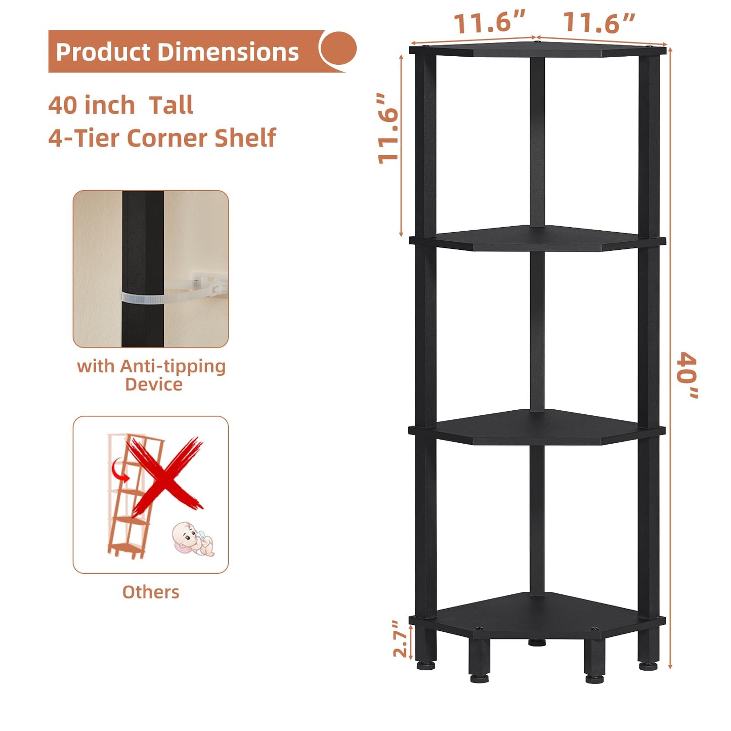 YUFAM 4-Tier Corner Shelf with Sturdy 5-Leg Base, Wooden Corner Bookshelf for Small Spaces, Corner Standing Shelf for Living Room, Bedroom, Office, Black