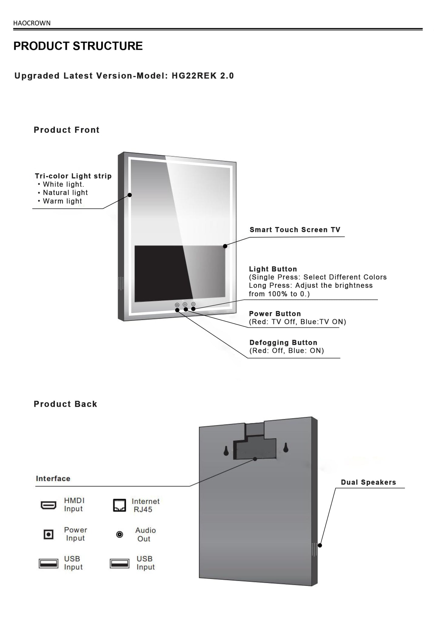 Haocrown 24x32 Inch LED Smart Bathroom Mirror with 21.5" Hidden Touchscreen, Android System, 3Colors Stepless Adjusted, Built-in Speakers, Clock & Weather, Anti-Fog, WiFi Bluetooth HDMI, Wall Mounted