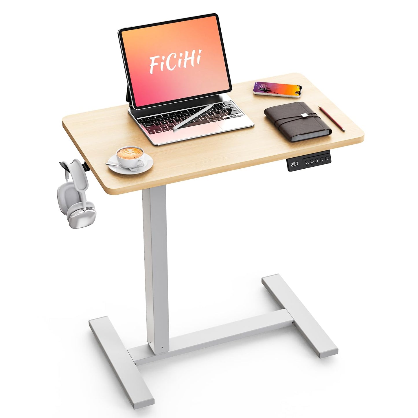 FiCiHi Small Electric Standing Desk - Adjustable Height Bedside Laptop Table with Wheels, Mobile, Portable Rolling Computer Workstation Sit Stand Table for Home Office, Sofa, Couch Use(28x16,Maple)