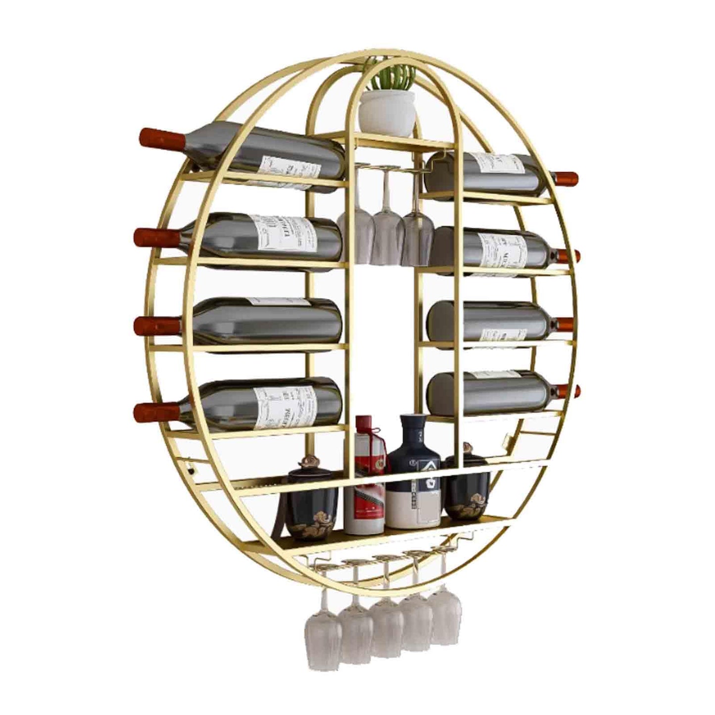 Wall-Mounted Hanging Wine Rack, Iron Bottle Shelf & Glass Stemware Organizer, Stylish Home & Bar Display, 60x11x60cm, Gold Liquor Storage for Kitchen & Cafe