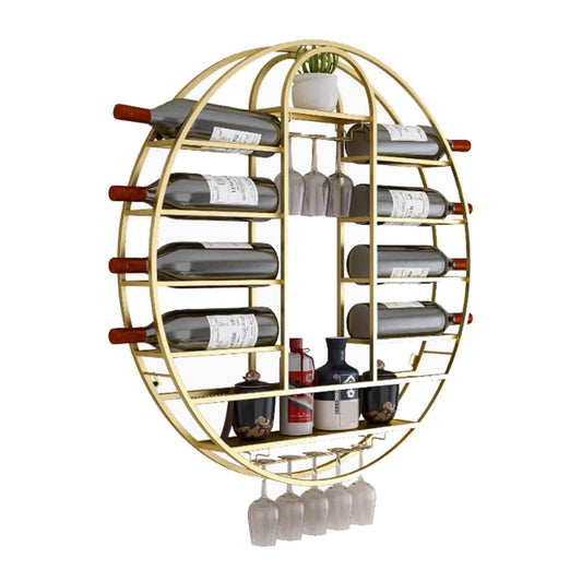 Wall-Mounted Hanging Wine Rack, Iron Bottle Shelf & Glass Stemware Organizer, Stylish Home & Bar Display, 60x11x60cm, Gold Liquor Storage for Kitchen & Cafe