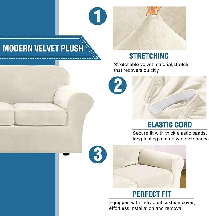 H.VERSAILTEX Modern Velvet Plush 4 Piece High Stretch Sofa Slipcover Furniture