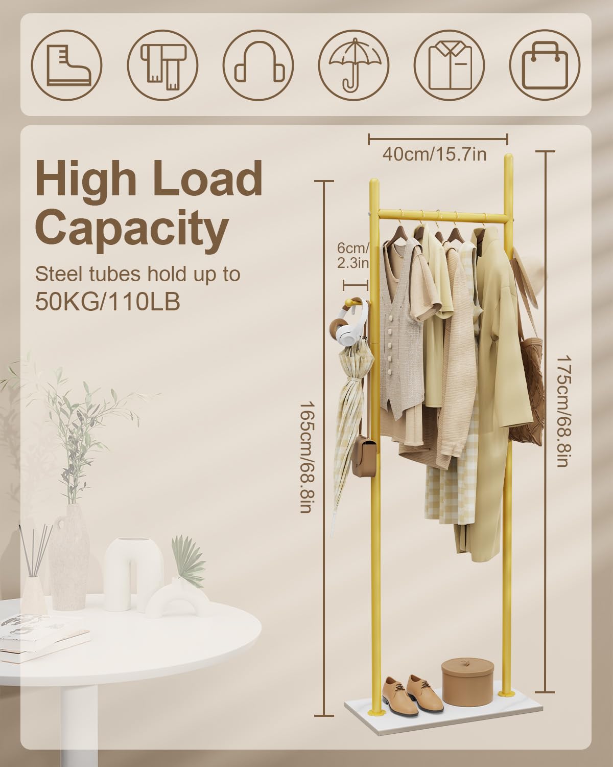 GUOHNHE Large Metal Coat Rack Freestanding, Modern Coat Hanger Stand with 2 Hooks and Heavy Rock Slab Base, Industrial Clothes Rack, Garment Rack, 19.7 x 11.8 x 68.9 In, Golden Yellow, GYJ202MWJ