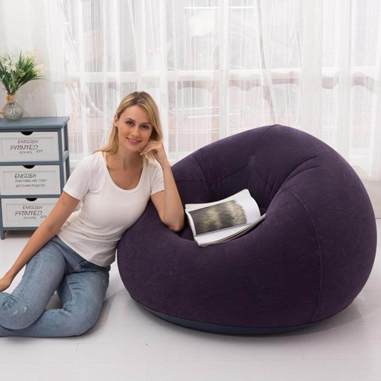 WYFDMNN Inflatable Lazy Sofa Solid Foldable Easy Storage Single Flocking Sofa Chair for Basement,Family Room,Dorm Room,Bedroom,C