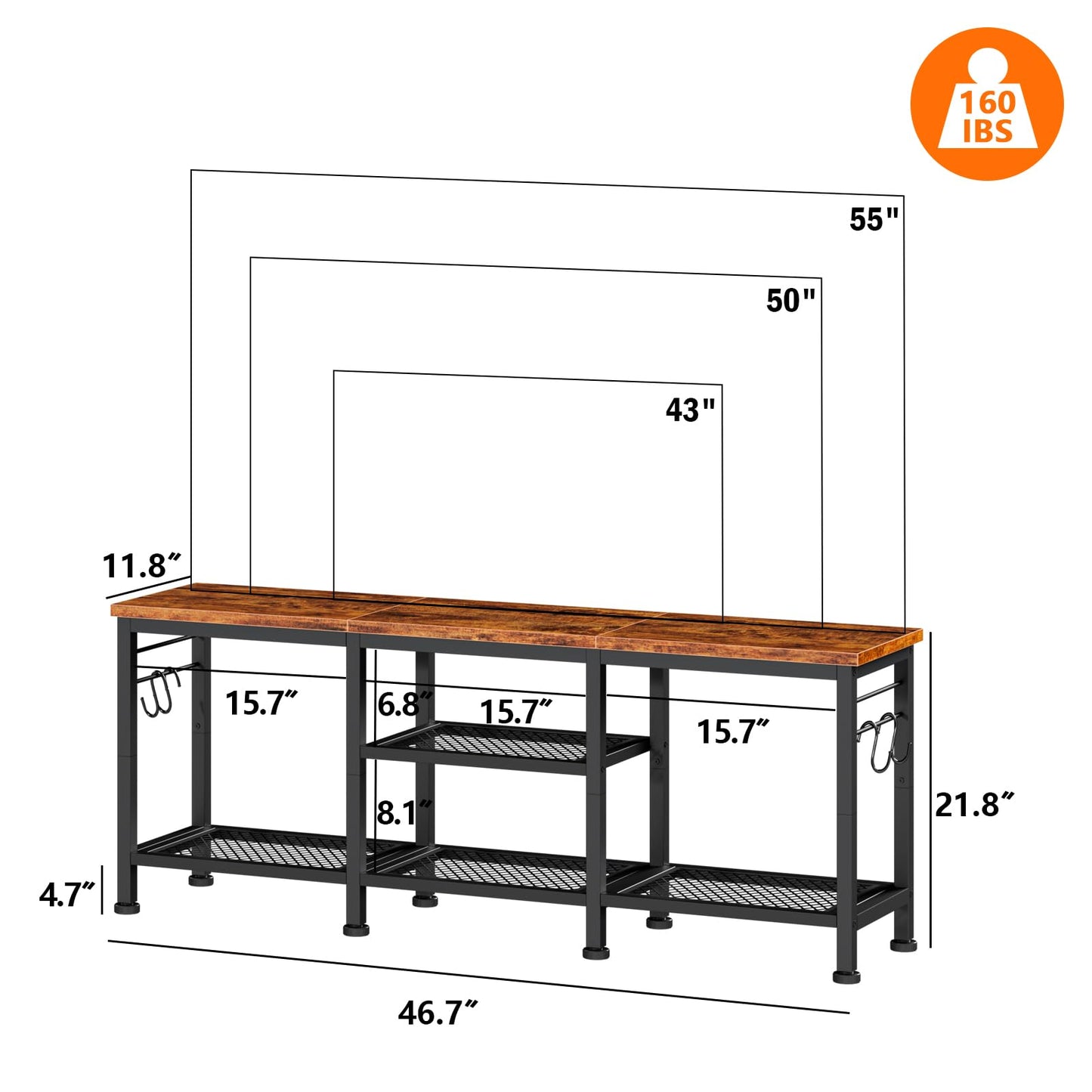 Furologee TV Stand for TVs up to 55 Inch, Entertainment Center with Open Storage Shelves, Media Console Table with Soundbar Shelf for Living Room, Bedroom, Rustic Brown