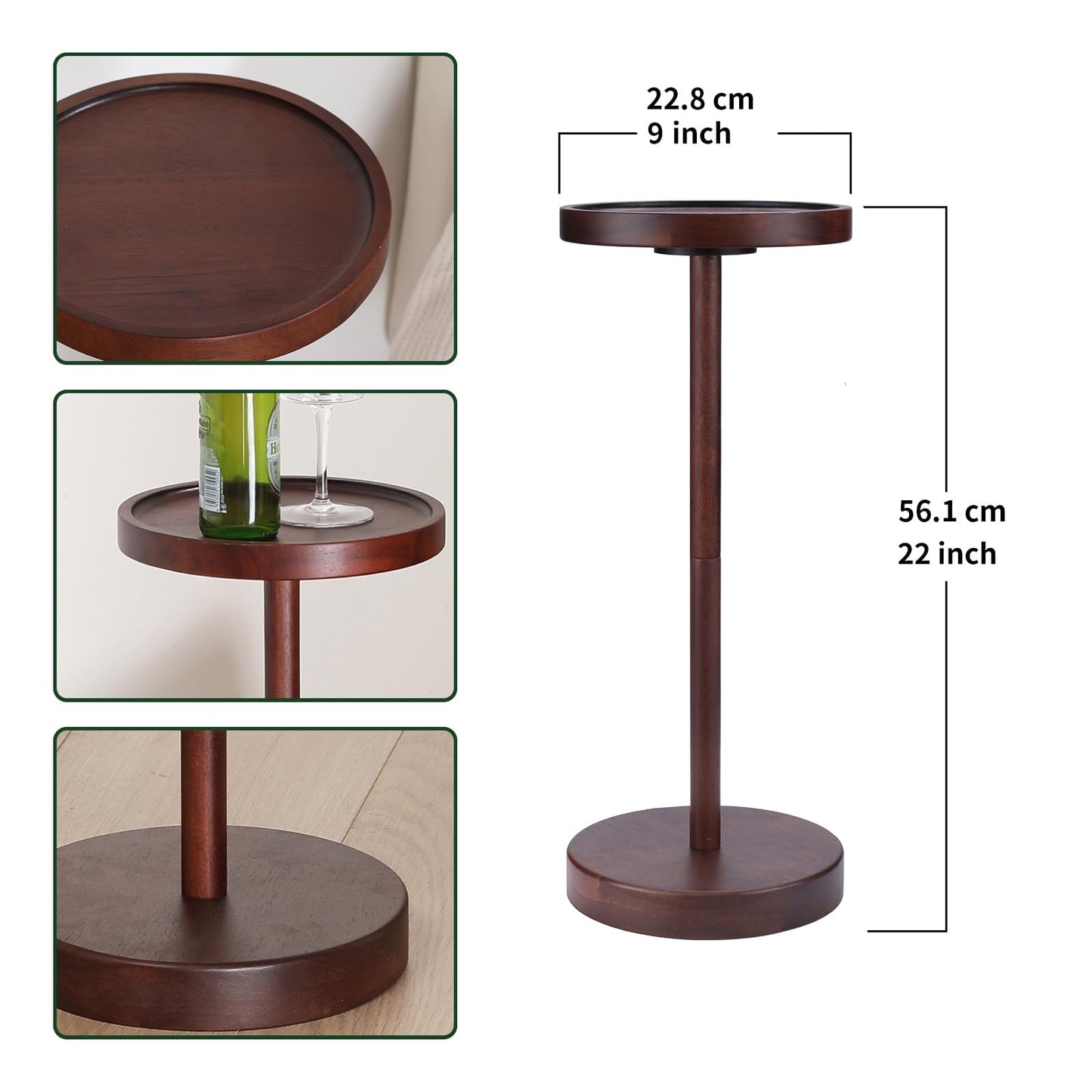 EVERBBKING Solid Acacia Wood Pedestal End Table - Small Round Martini Table