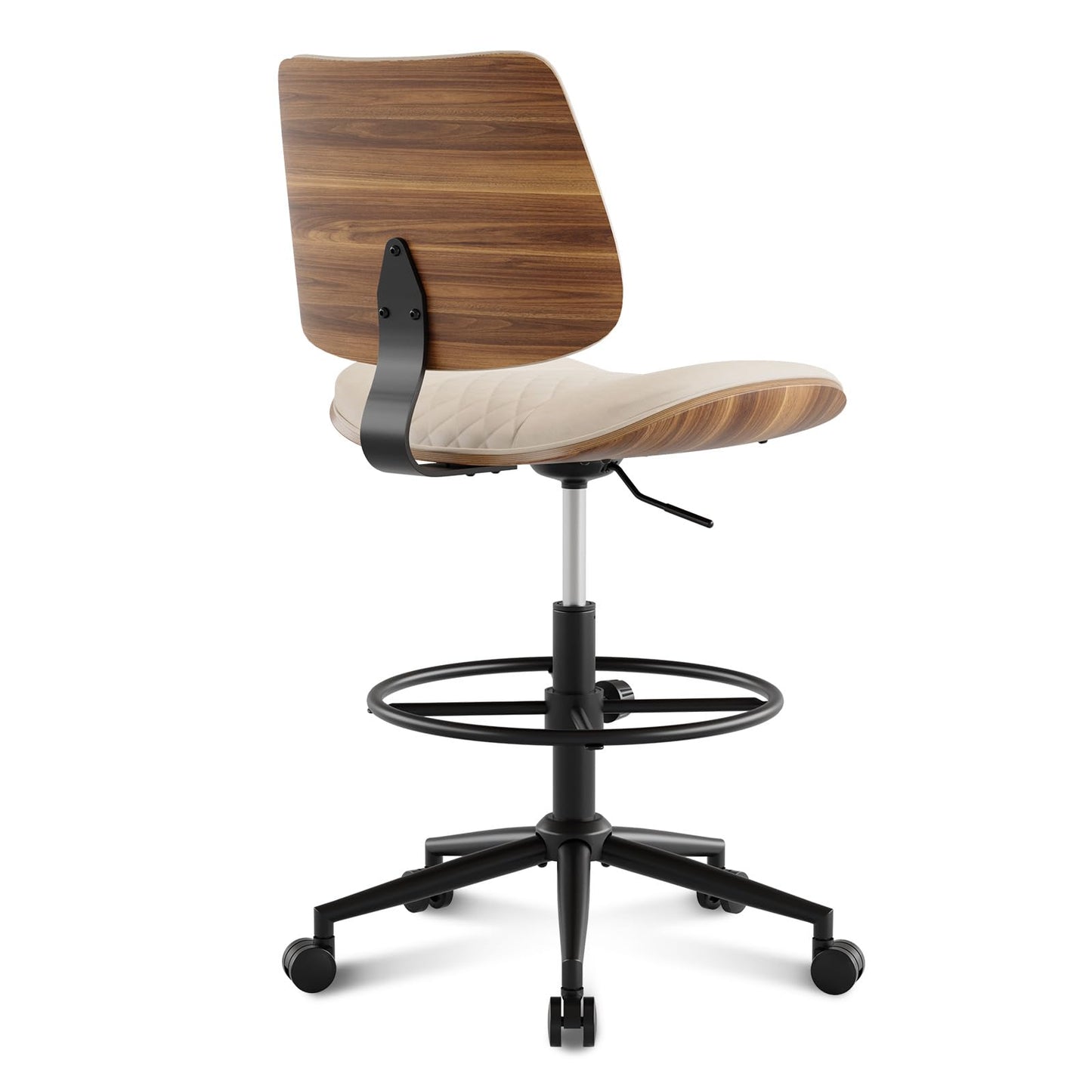 BERYTH Drafting Chair with Adjustable Footrest, Armless Modern Tall Office Chair for Standing Desk, PU Leather Swivel Stool in Curved Bentwood Style, Ergonomic Rolling Walnut Chair for Office(Beige)