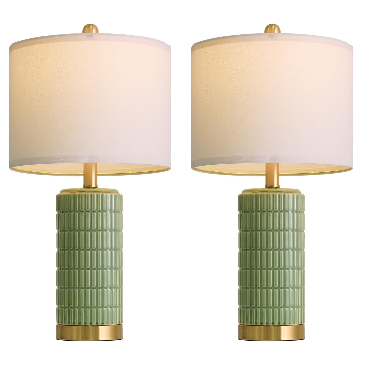 PoKat Bedside Table Lamps Set of 2 for Living Room with 2 USB Ports, 21.5'' Small Modern Nightstand Lamps for Bedroom, Ceramic Side Table Lamps with Gold Base for Office Entryway Decor Gift (Green)