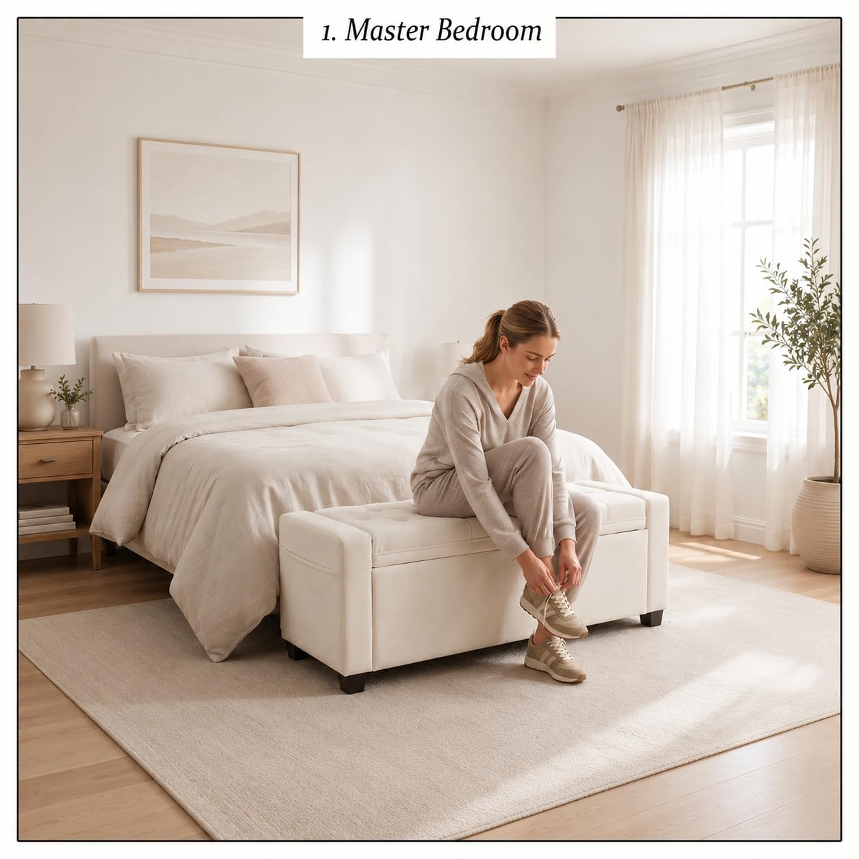ZideGomai Storage Ottoman Bench for Bedroom, End of Bed Bench with Hidden Storage, Upholstered Tufted Linen Ottoman with Safety Hinge, Bedroom Bench with Storage, 43 Inch, 350lb, Linen Beige