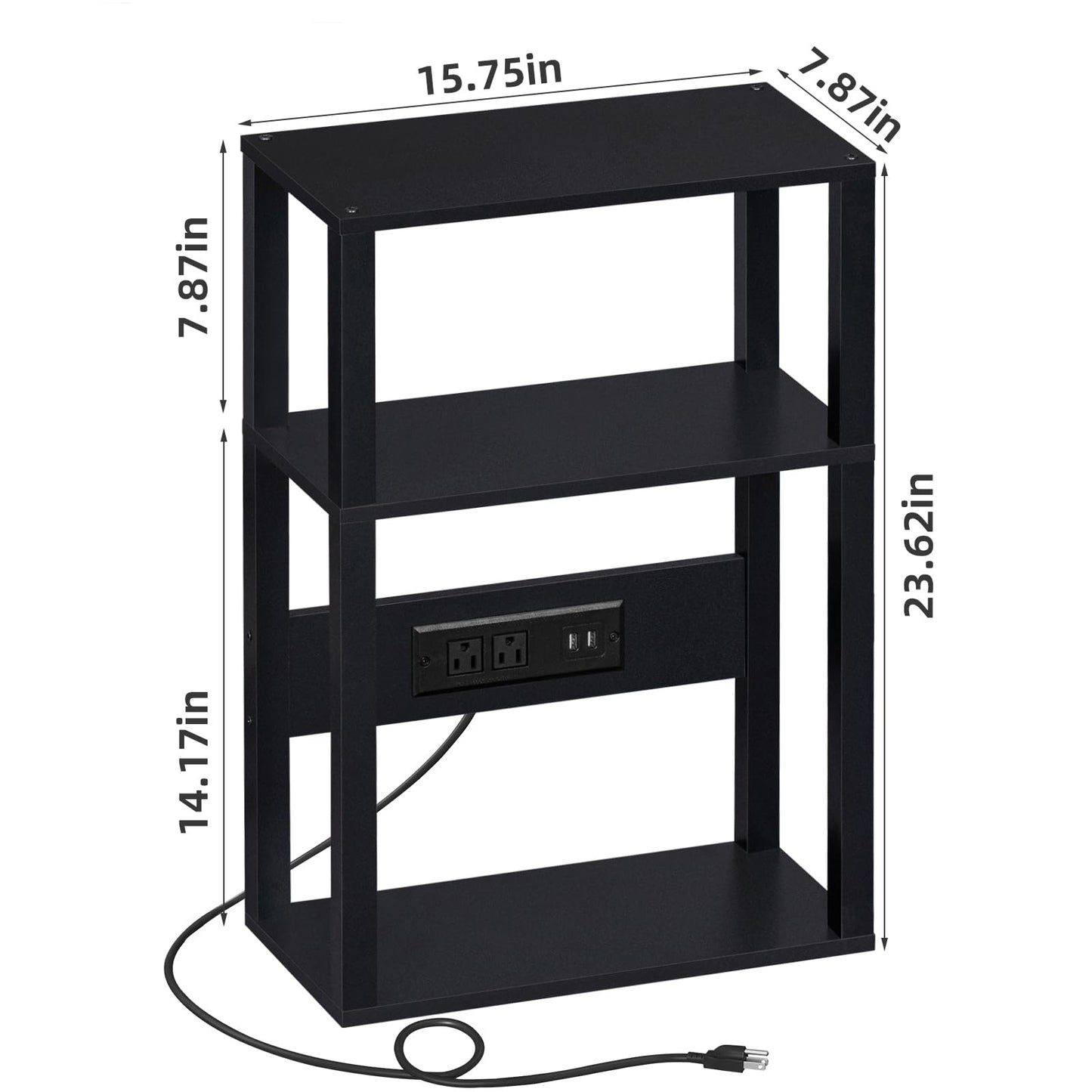 YUFAM 3-Tier Small Narrow Wood Side Table with Charging Station, Skinny Nightstand for Small Space, Slim Bedside Table with Storage for Couch, Thin End Table with USB Ports and Outlets, Black