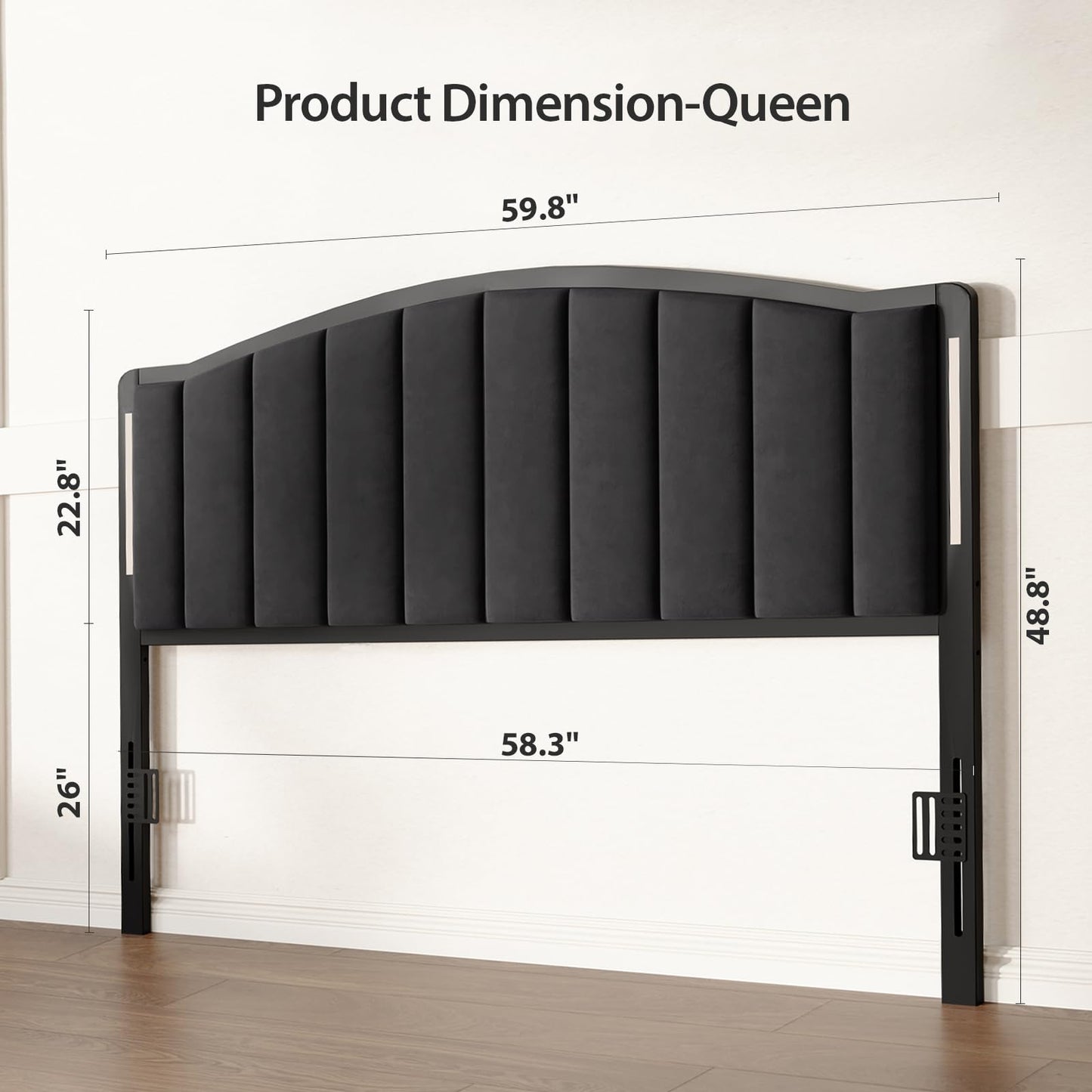 Salamir Headboard for Queen Size Bed with LED Lights, Upholstered Vertical Channel Tufting Head Boards, Velvet Headboard Only, Attach Frame, Ideal for Bedroom, Dorm, Guest Room, Black