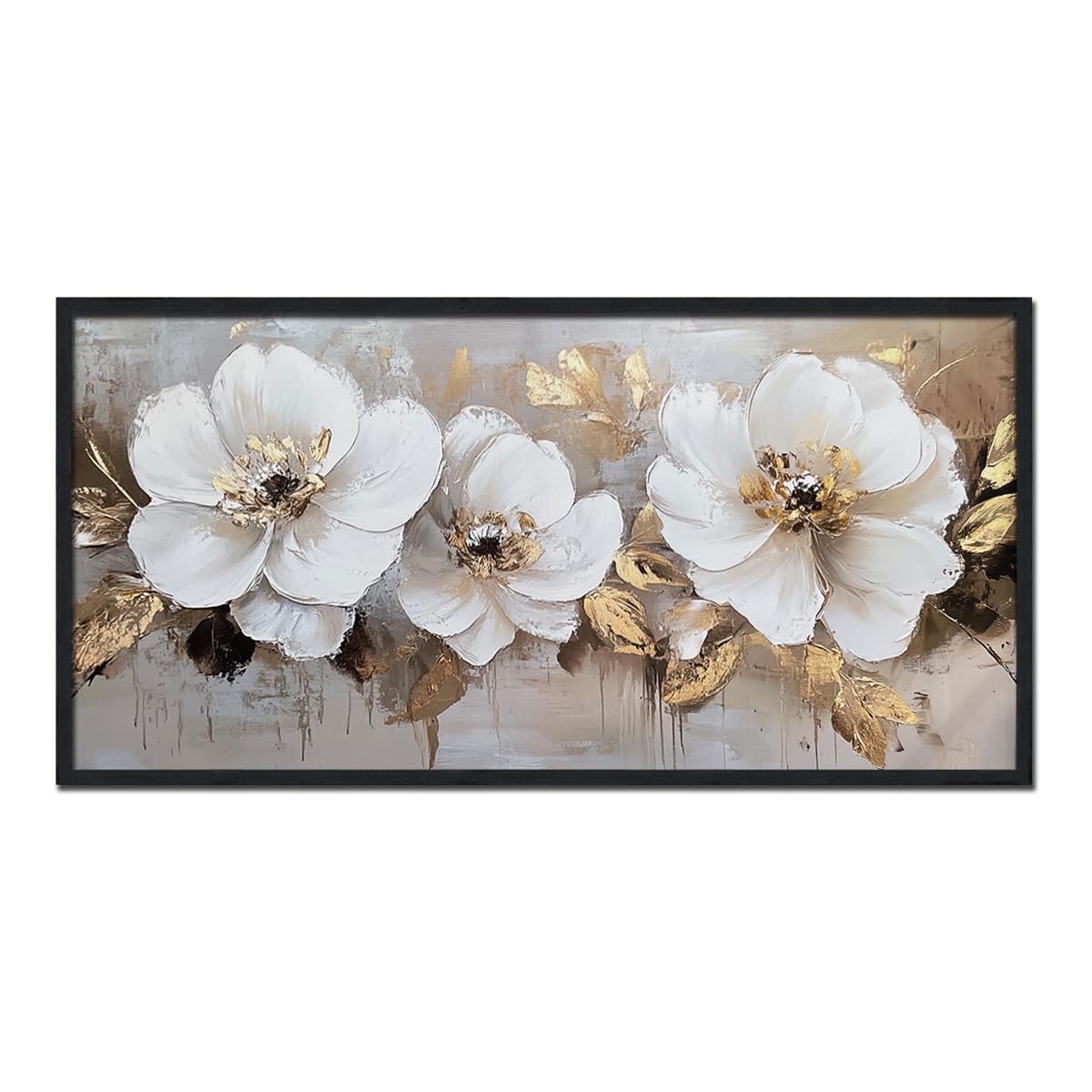 Large Framed Cream White and Gold Abstract Floral Paintings Modern Canvas Wall Art Flower Print Artworks for Home Office Decor