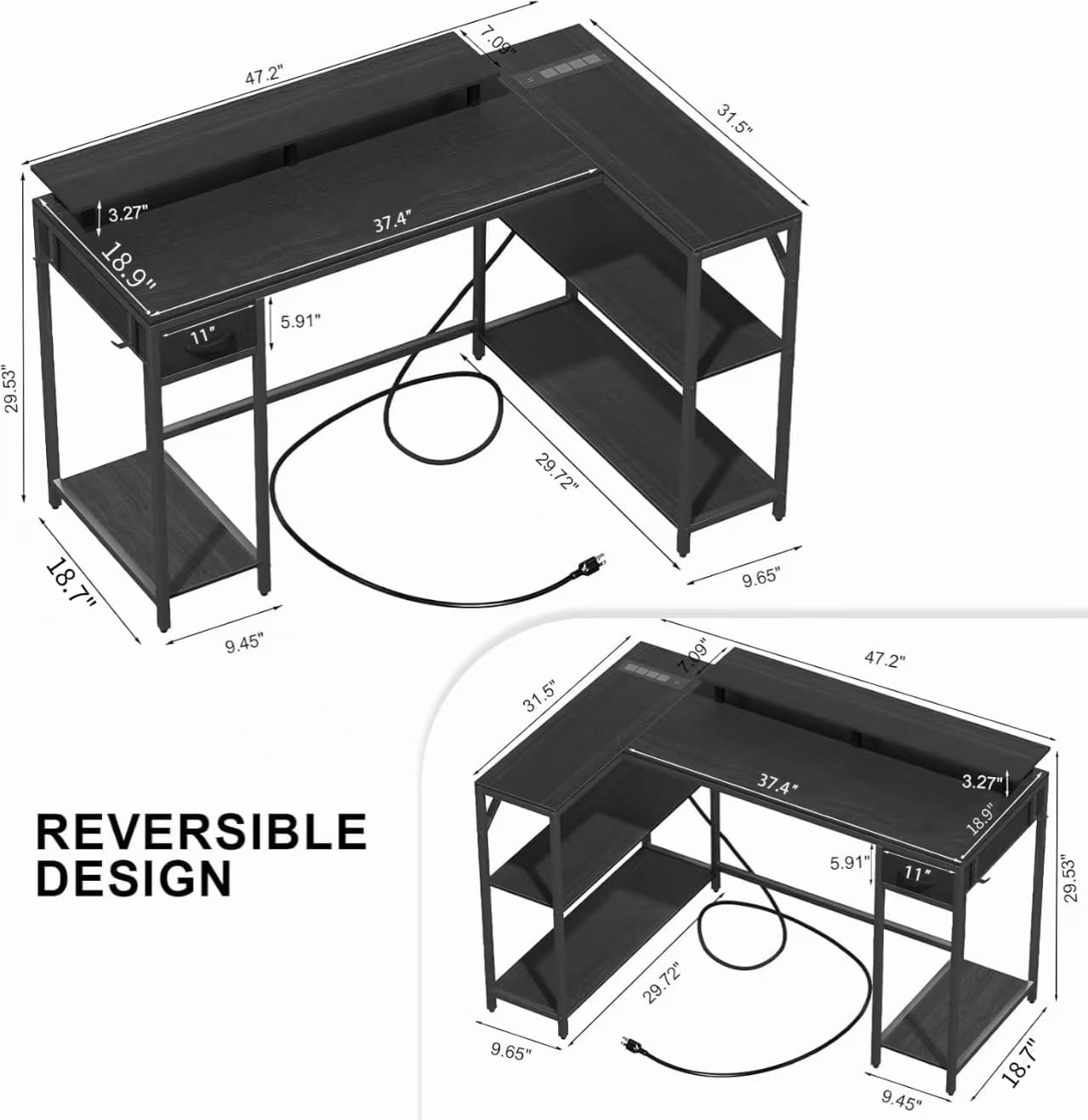 Eivanet L Shaped Gaming Desk with Power Outlet & Led Light, 47 inch Reversible Computer Desk with Shelves, Hooks, and Drawer, Cornor Home Office Desk Table for Living Room, Bedroom, Black
