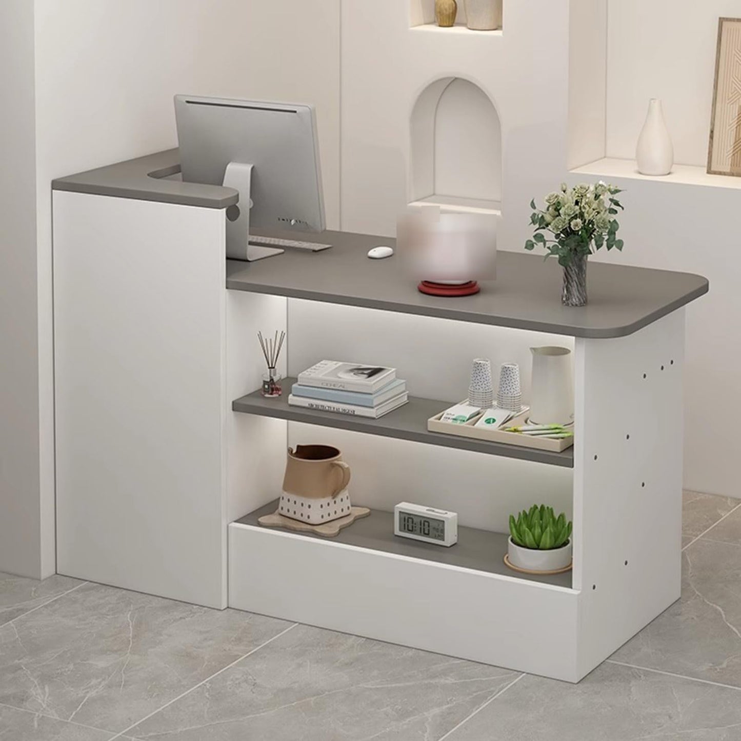 Modern Reception Desk with Lockable Drawers & Storage Cupboard, Modern L-Shaped Reception Desk - Wooden Front Counter with Open Shelves & Drawers - Stylish Checkout Counter for Convenience S