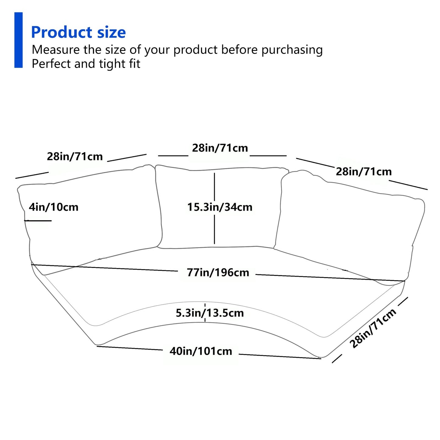 MFPMTUXO Outdoor Curved Sofa Cushion Cover with Zipper & Anti-Slip Particles, Half Moon Patio Furniture Cushions Covers Waterproof, Olefin Fabric-ONLY Cover (Aruba Blue, 77/40 * 28 * 5.3inch)