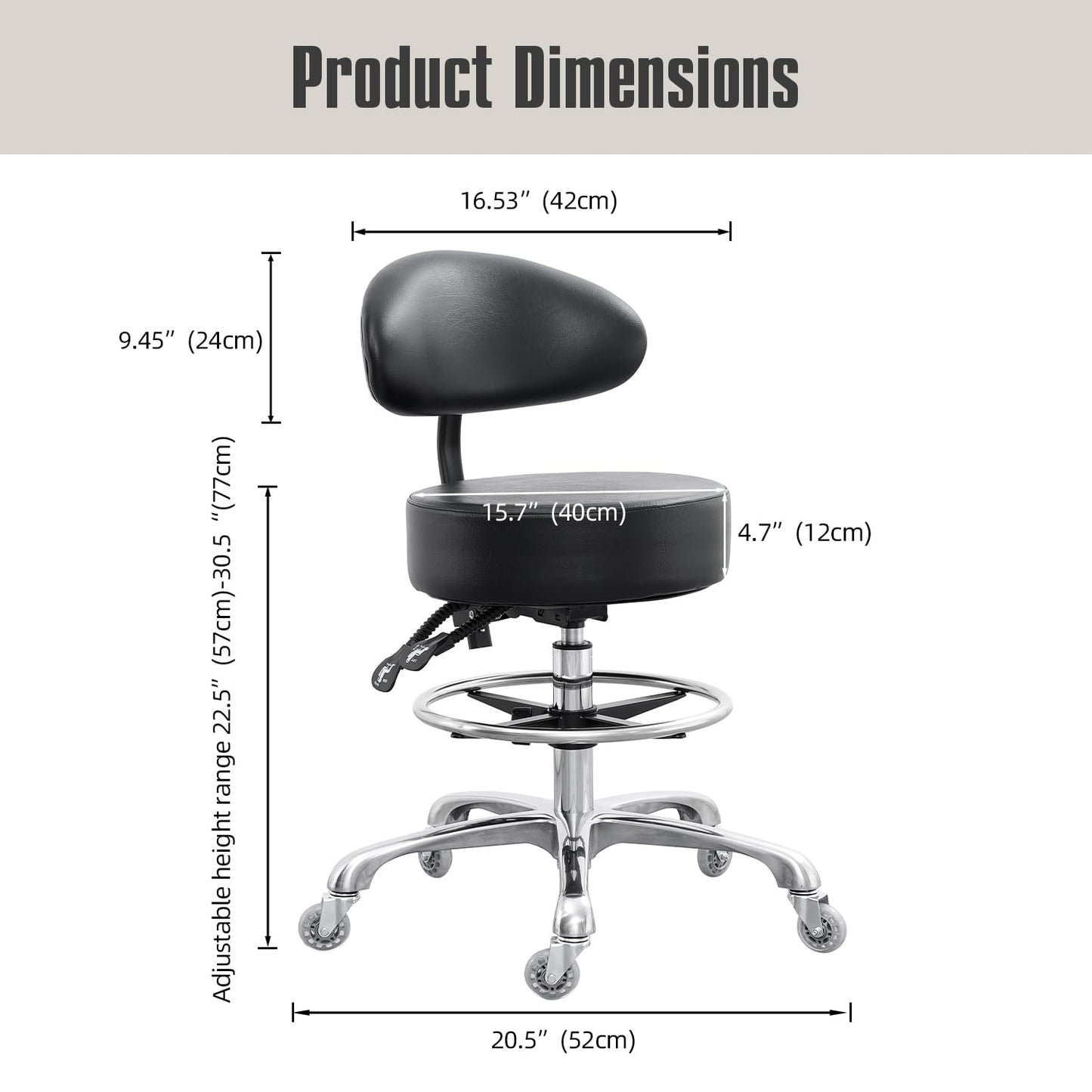 Grace&Grace Drafting Chair Big Cushion Rolling Stool with Back, Tall Shop Stool Rolling Chair with Footrest for Studio, Workshop, Classroom, Lab, Counter, Home Office (Black)