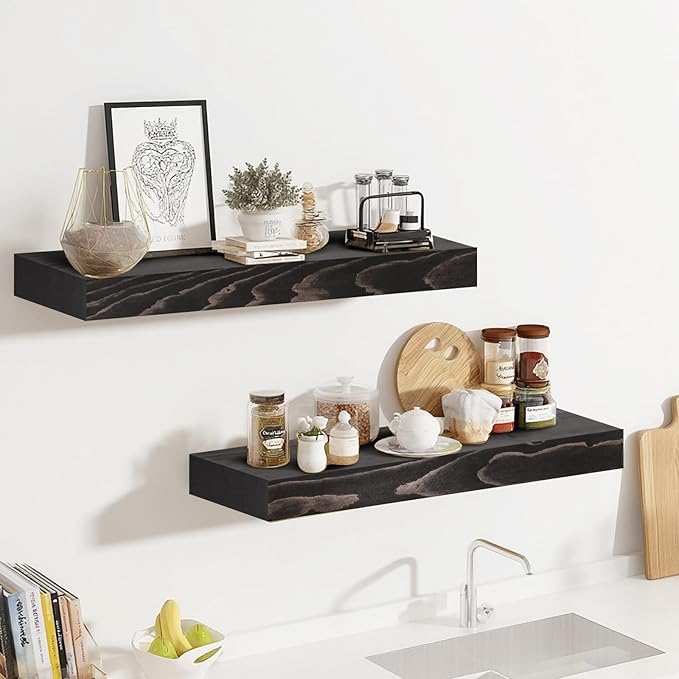 17x8x1.6 inch Floating Shelves Set of 2 – Solid Wood Rustic Black Wall Mounted