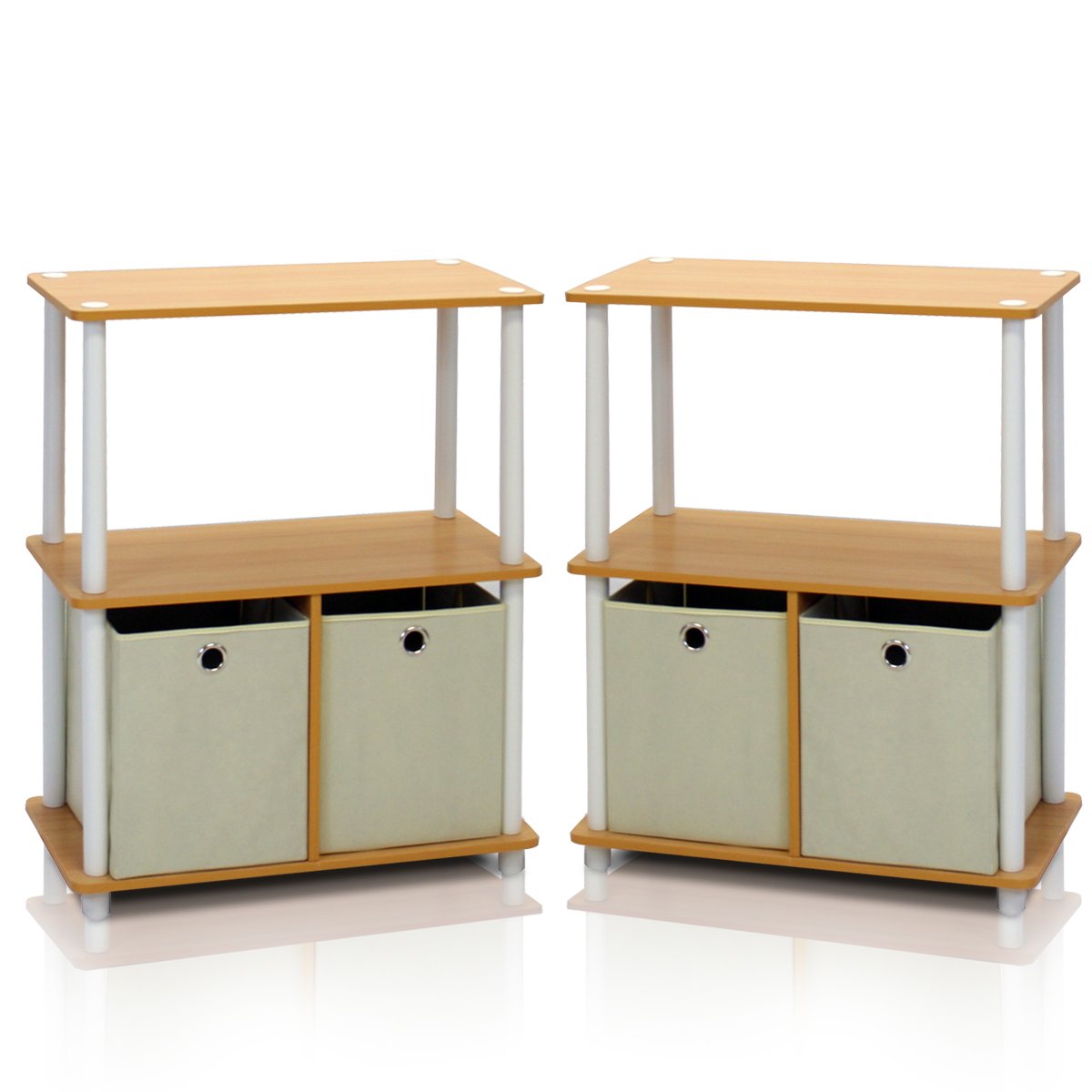 Furinno TURN-N-TUBE Storage Shelves Set of 2, 3-Tier Toolless Book Shelf with Storage Bins, Display Shelf, for Organization and Storage, Living Room, Garage, Home Office, Beech