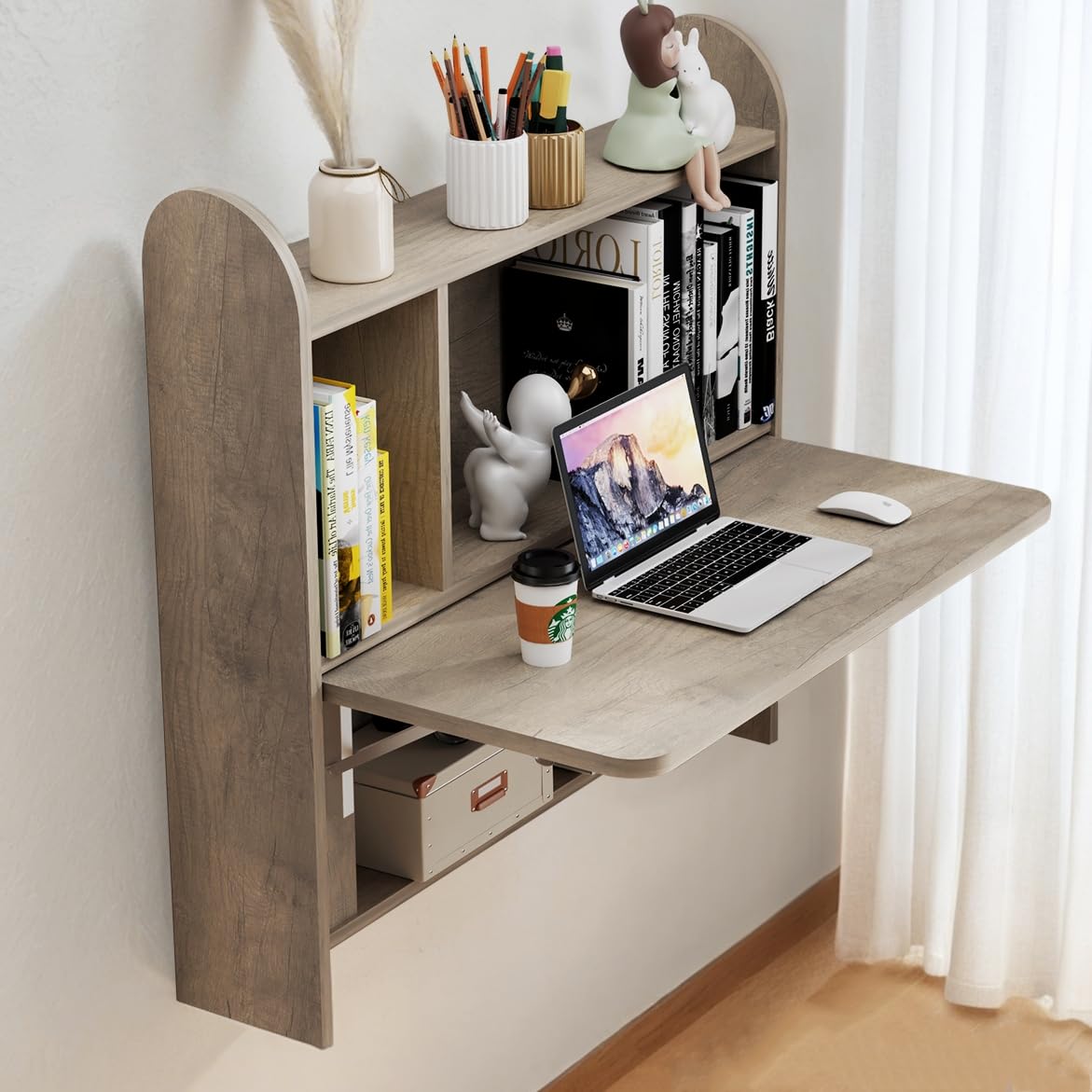 TuckTect Wall Mounted Drop-Leaf Table, Floating Laptop Desk, Folding Table with Shelves, Multifunctional Computer Workstation with Storage Compartments in Home Office for Space Saving (Rustic Oak)