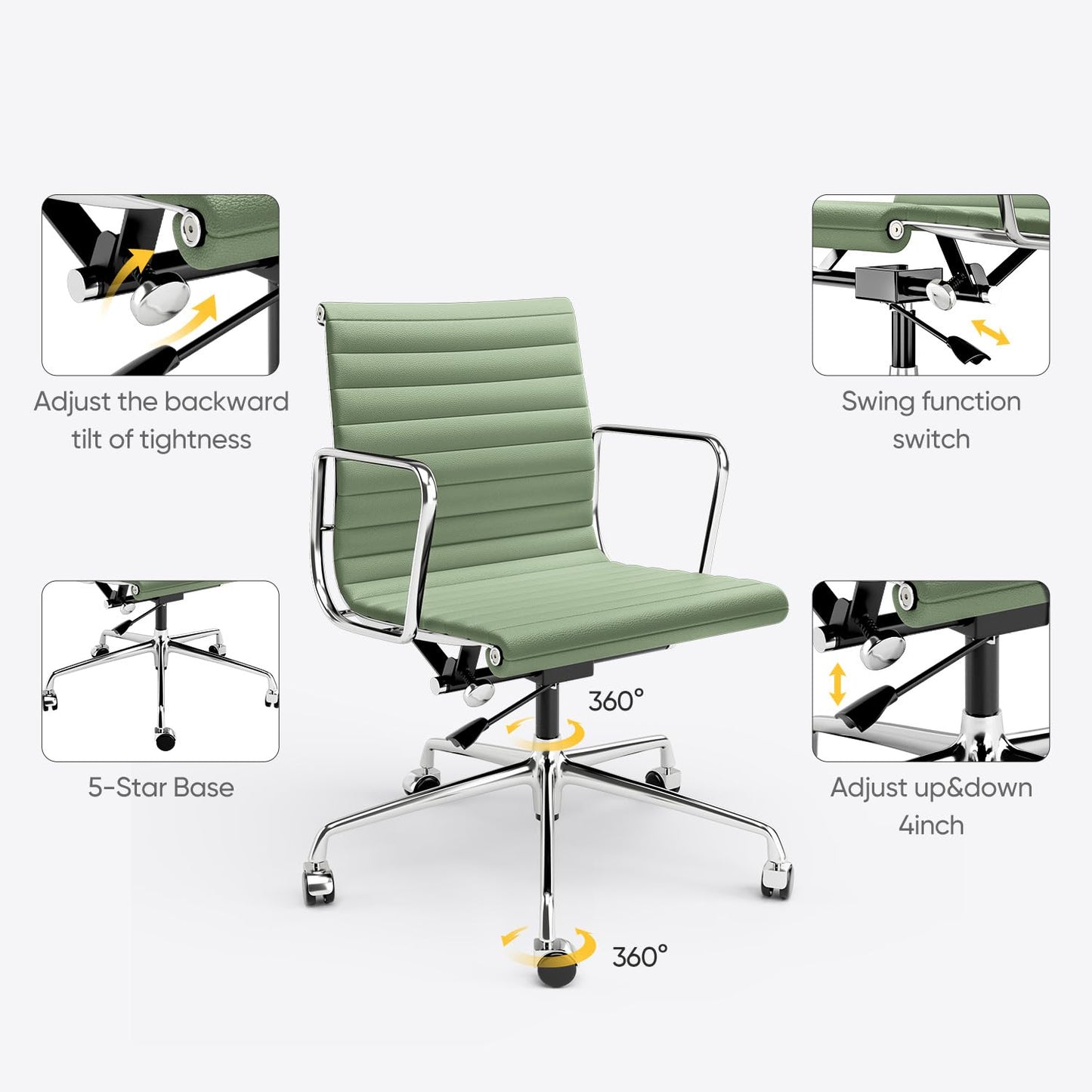 OTDMEL Ribbed Office Chair with Top Grain Leather - Mid Back Ergonomic Desk Chair with Aluminum Arms & Frame, Swivel Wheels & Tilt Function, Adjustable Height Light Green
